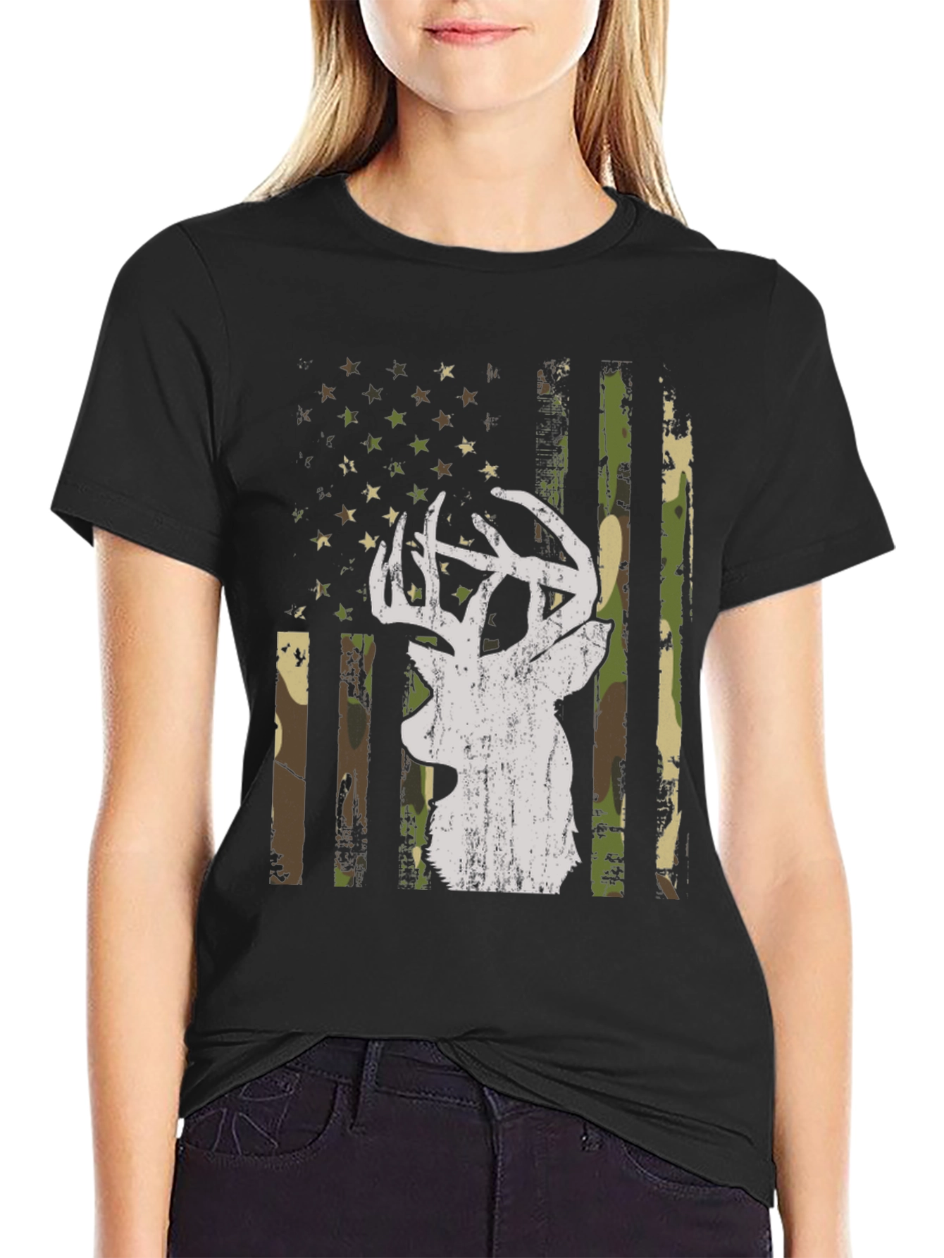 Deer Camo American Flag Graphic T-Shirt