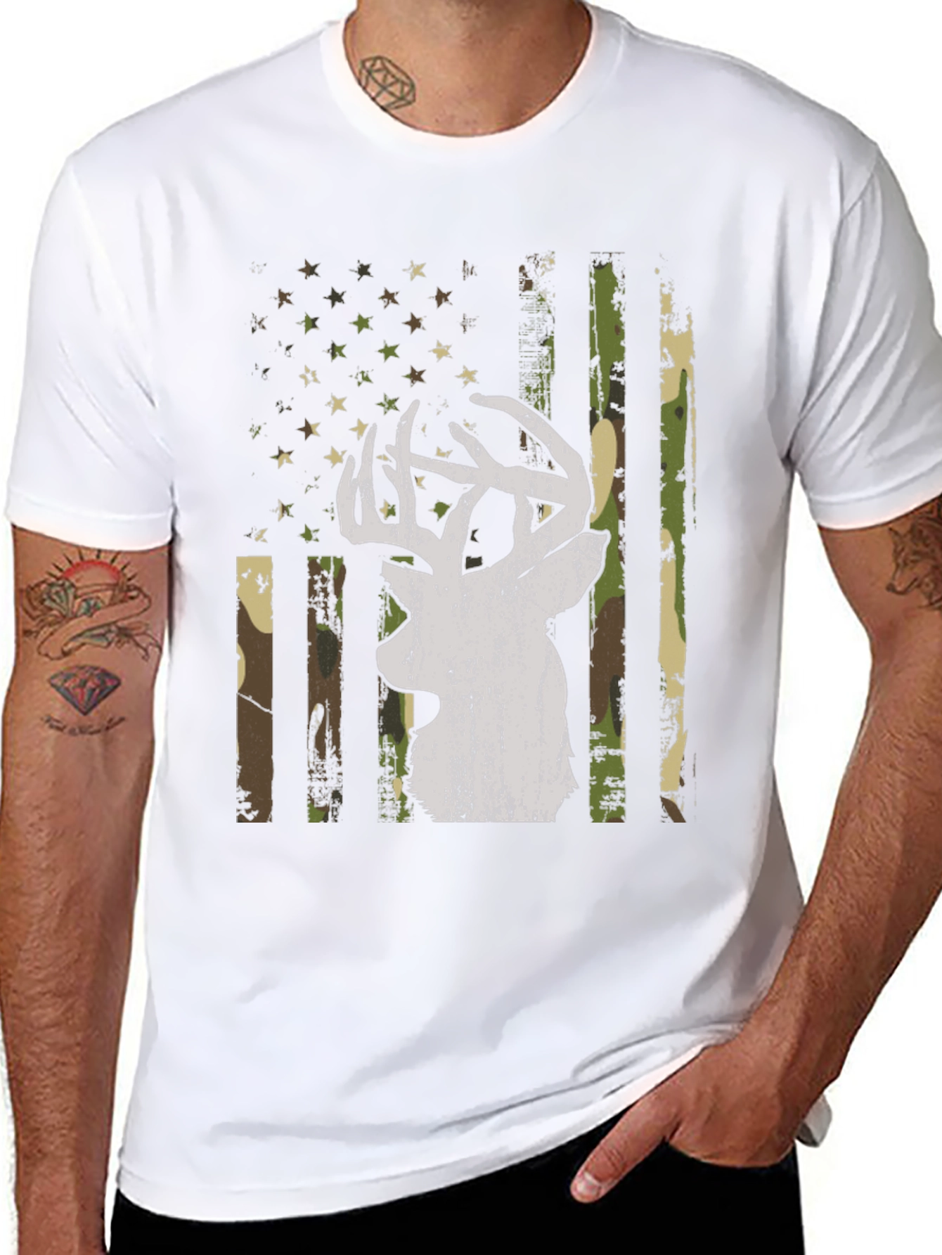 Deer Camo American Flag Graphic T-Shirt