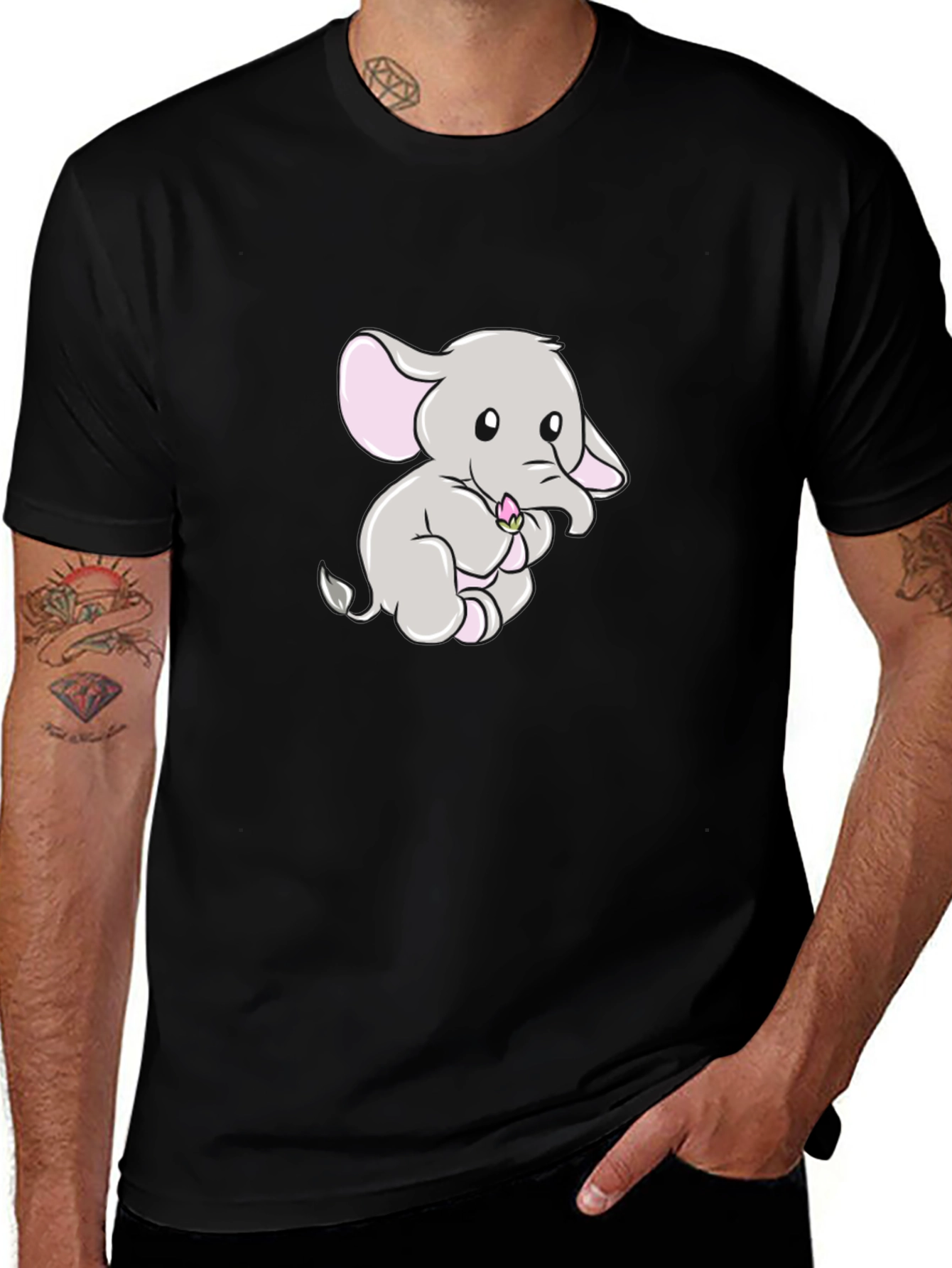 Cute Elephant Graphic Print Black T-Shirt