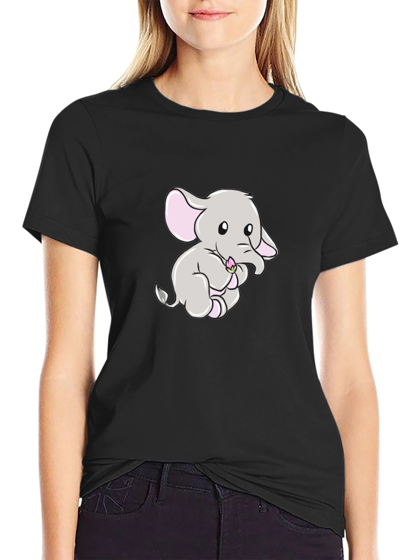Cute Elephant Graphic Print Black T-Shirt