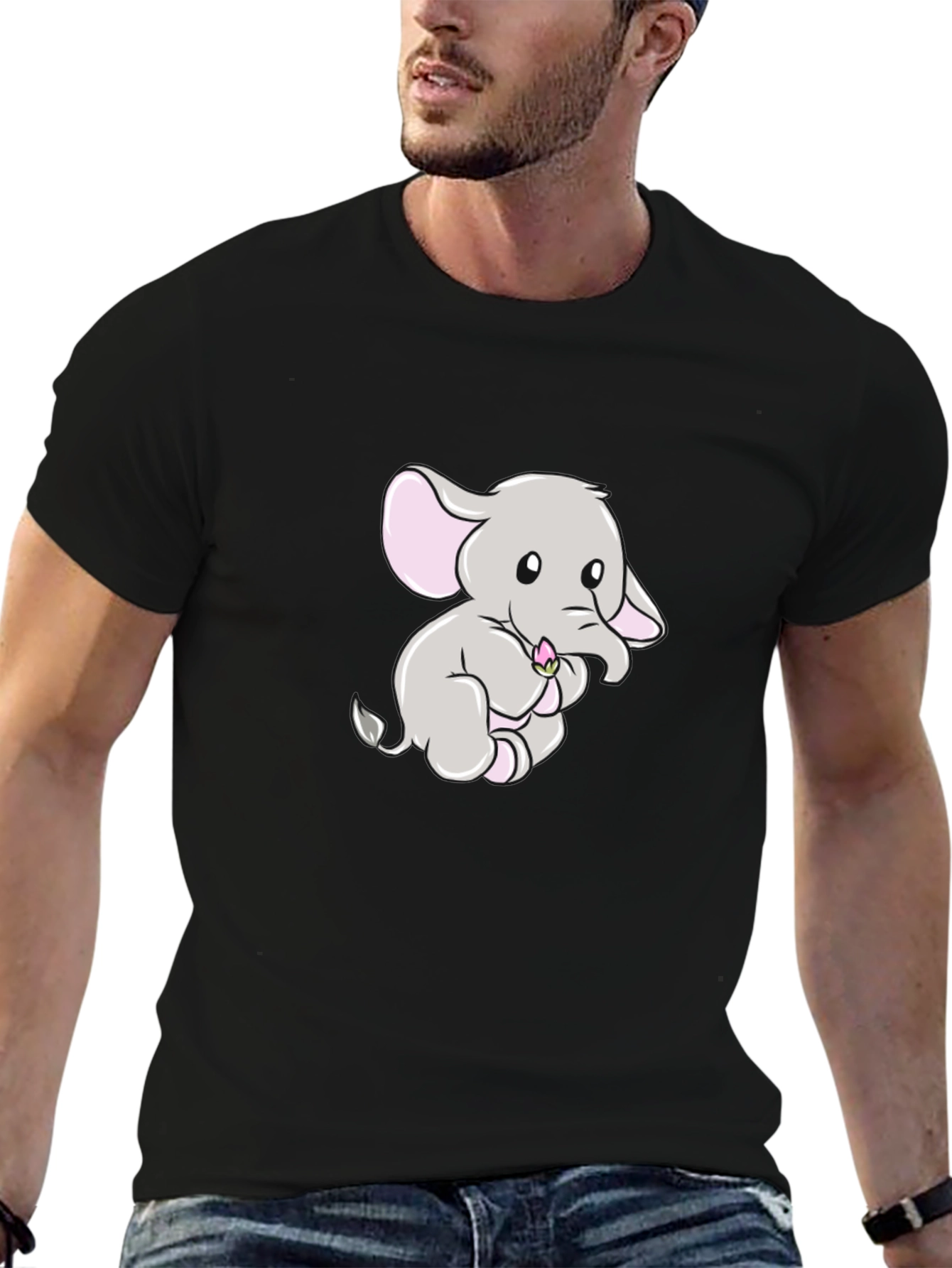 Cute Elephant Graphic Print Black T-Shirt