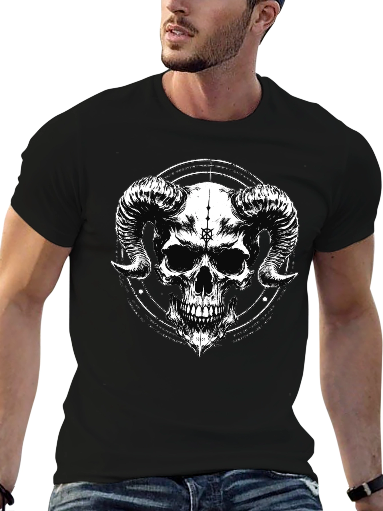 Dark Skull Horns Graphic Black T-Shirt