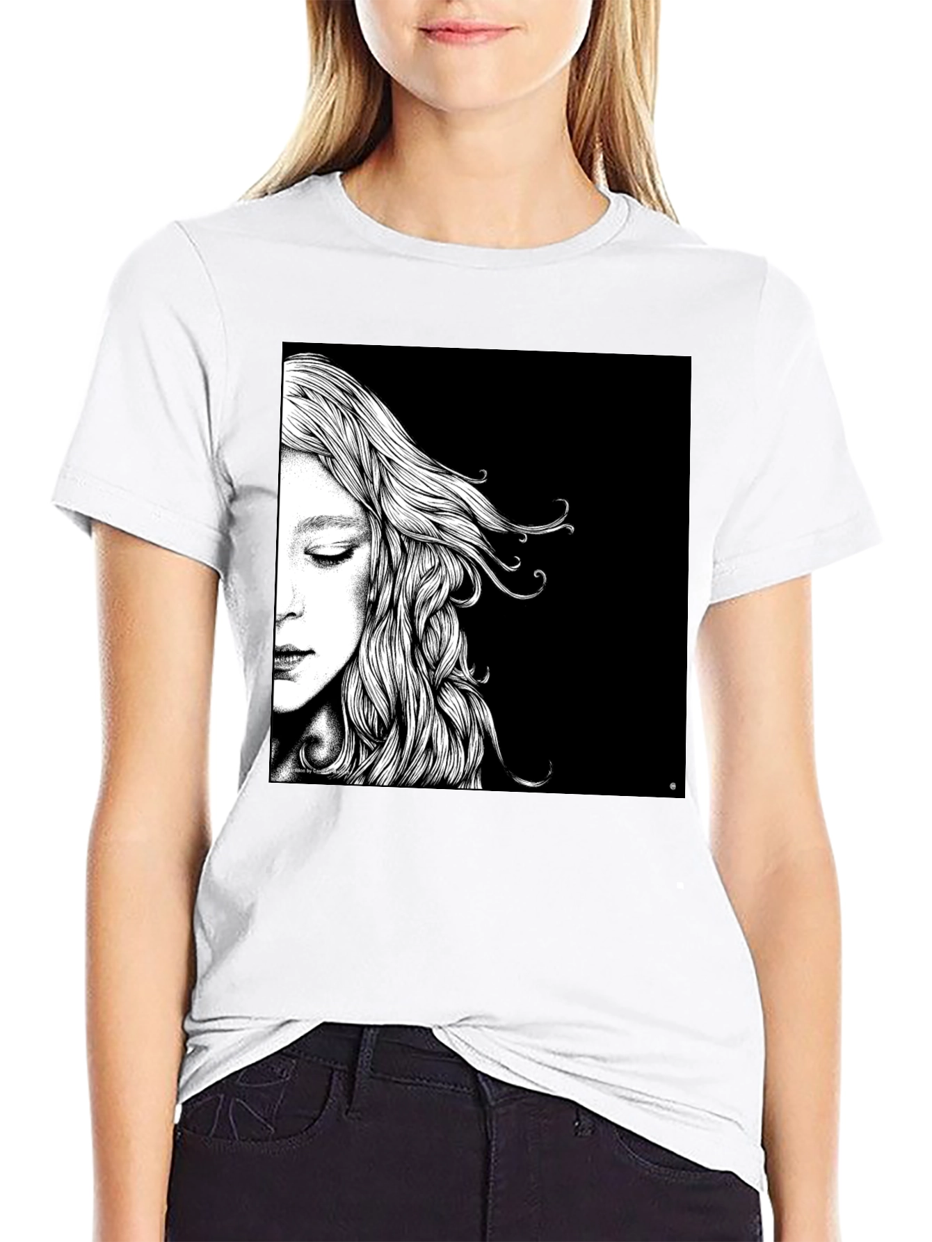 Artistic Woman Portrait Graphic Tee - Black