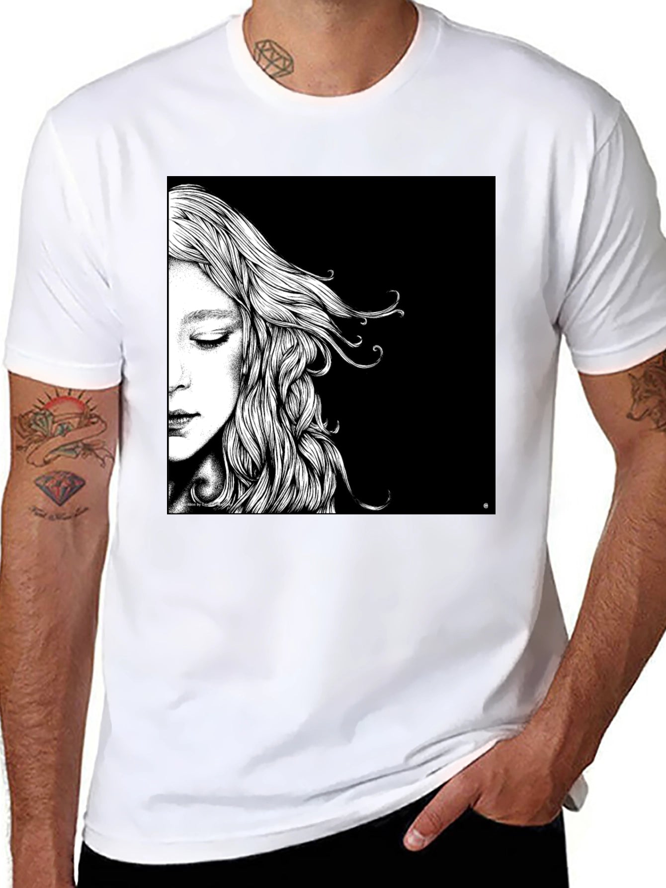 Artistic Woman Portrait Graphic Tee - Black