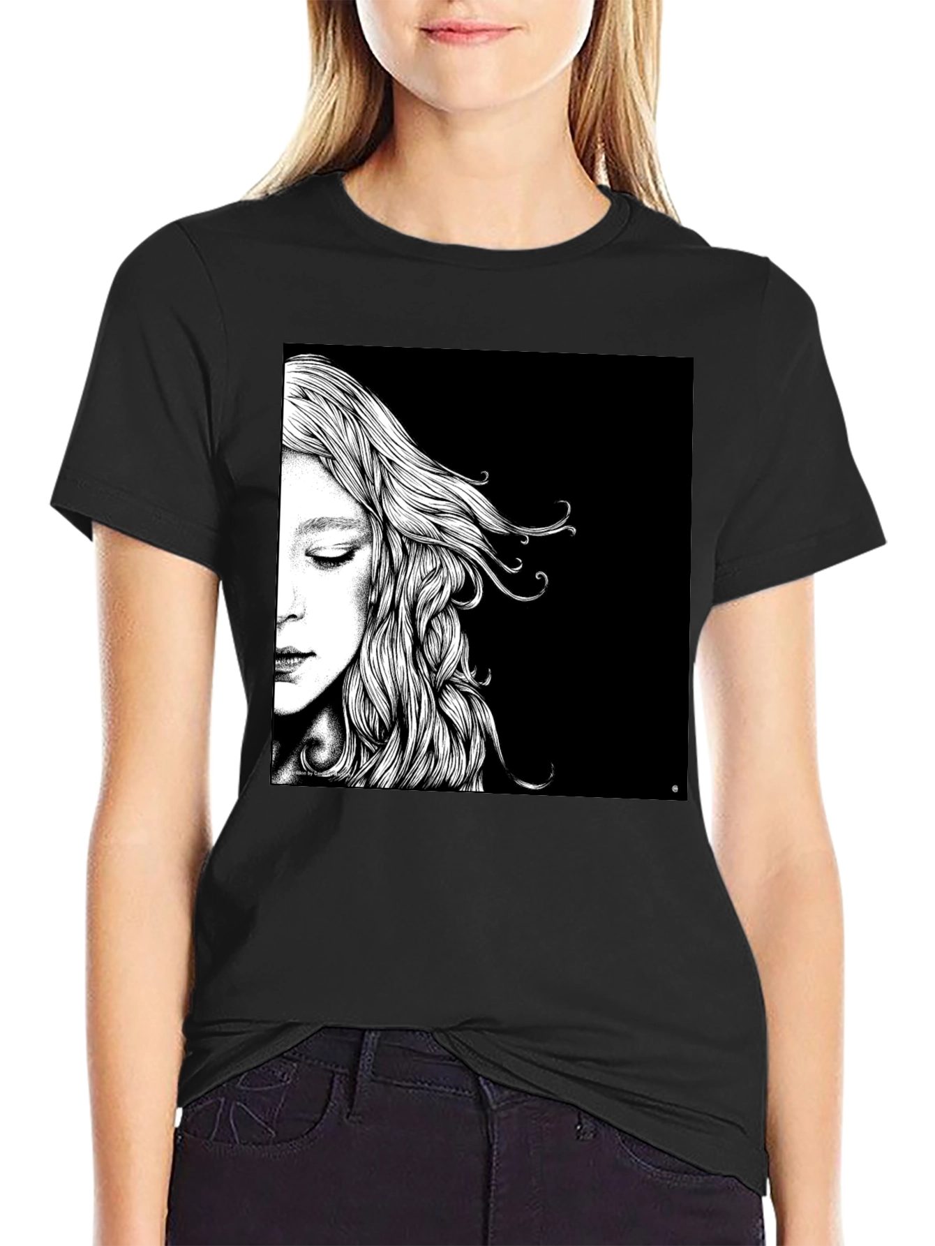 Artistic Woman Portrait Graphic Tee - Black