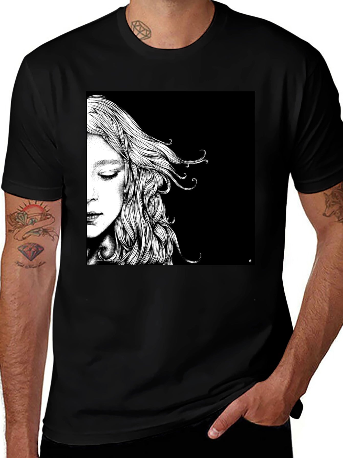 Artistic Woman Portrait Graphic Tee - Black