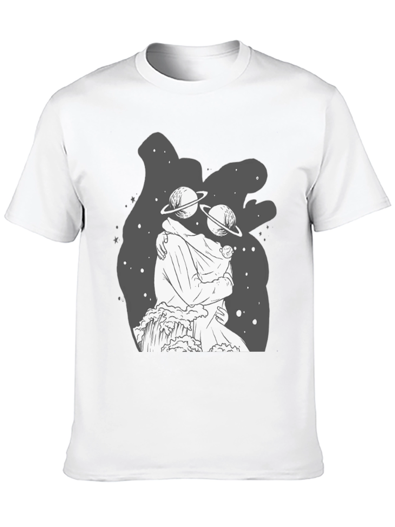 Cosmic Embrace Black T-Shirt: Celestial Love Design