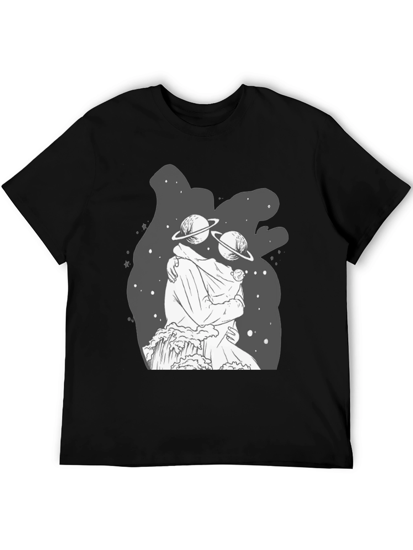 Cosmic Embrace Black T-Shirt: Celestial Love Design