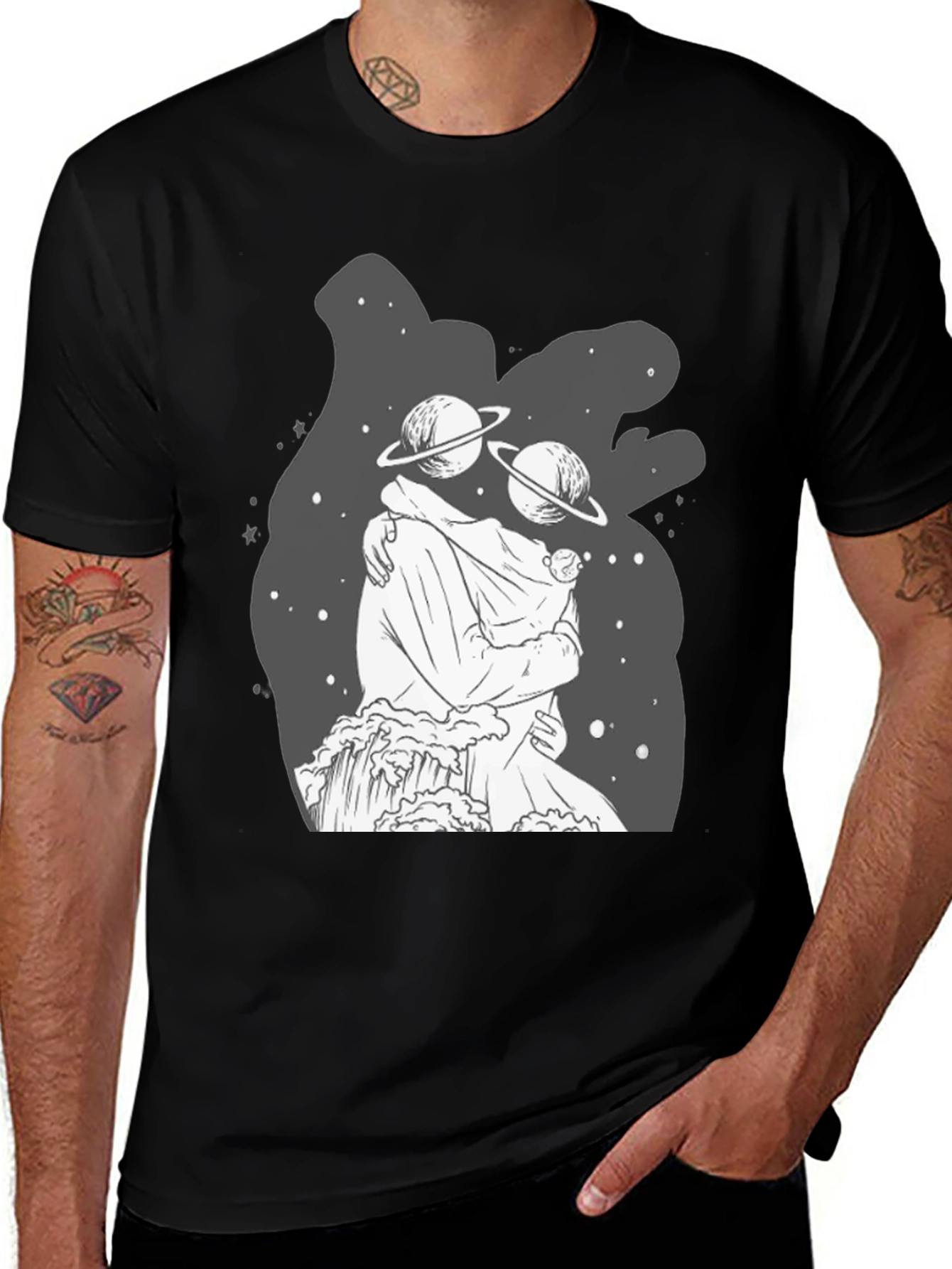 Cosmic Embrace Black T-Shirt: Celestial Love Design