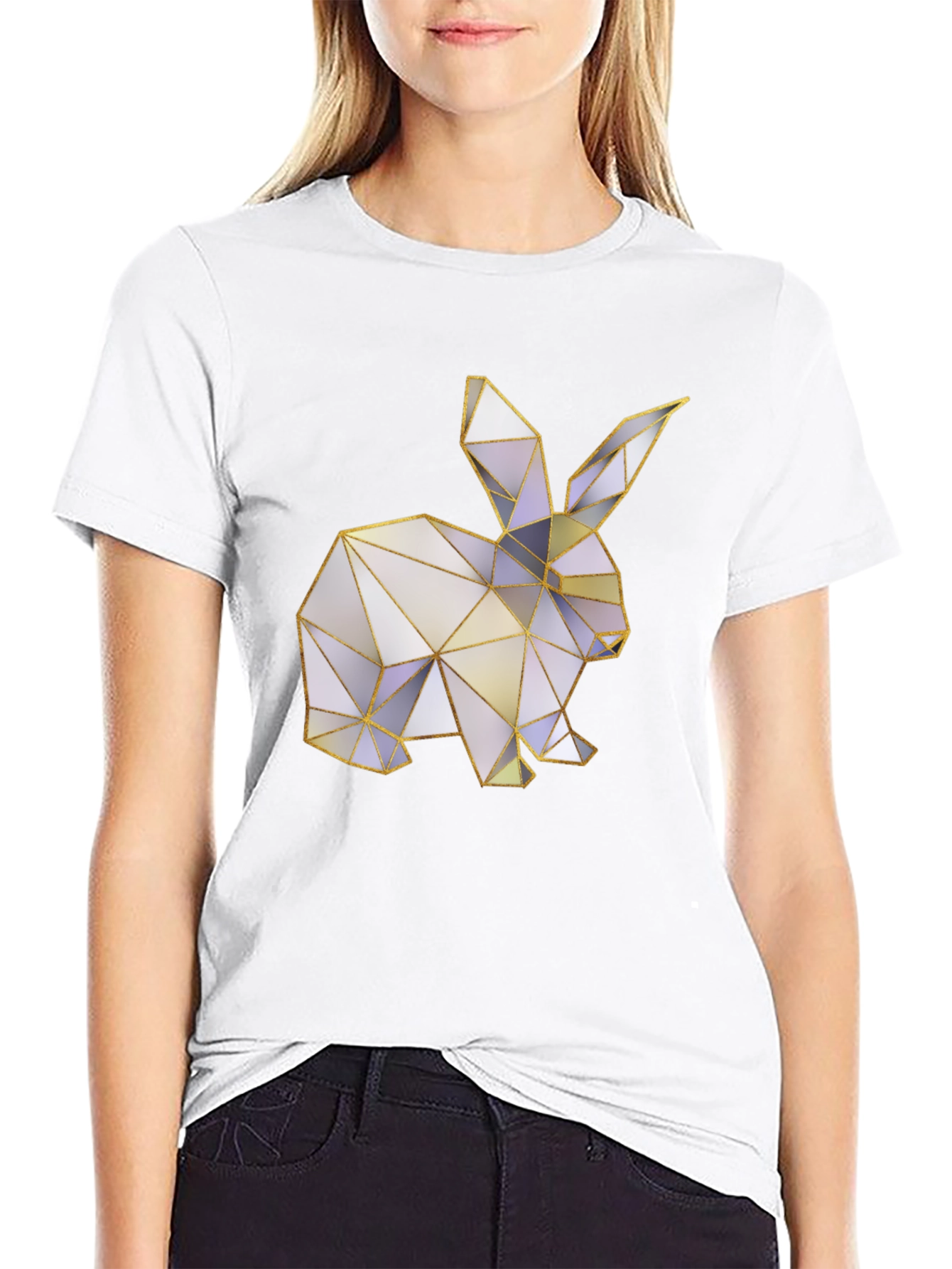 Geometric Bunny Graphic Tee - Black Casual T-Shirt