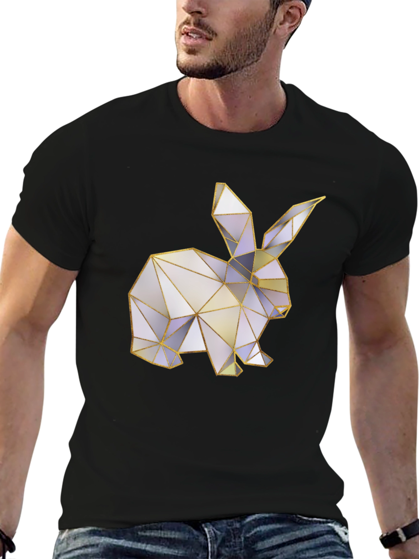 Geometric Bunny Graphic Tee - Black Casual T-Shirt