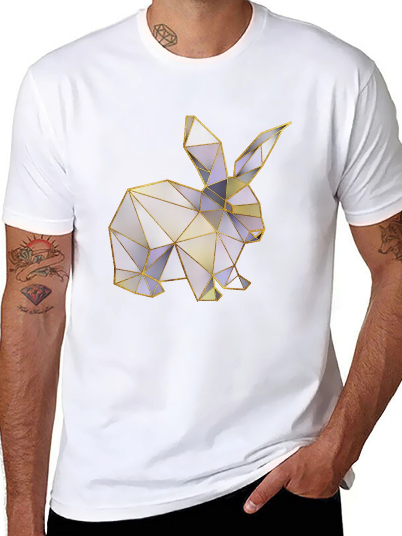 Geometric Bunny Graphic Tee - Black Casual T-Shirt