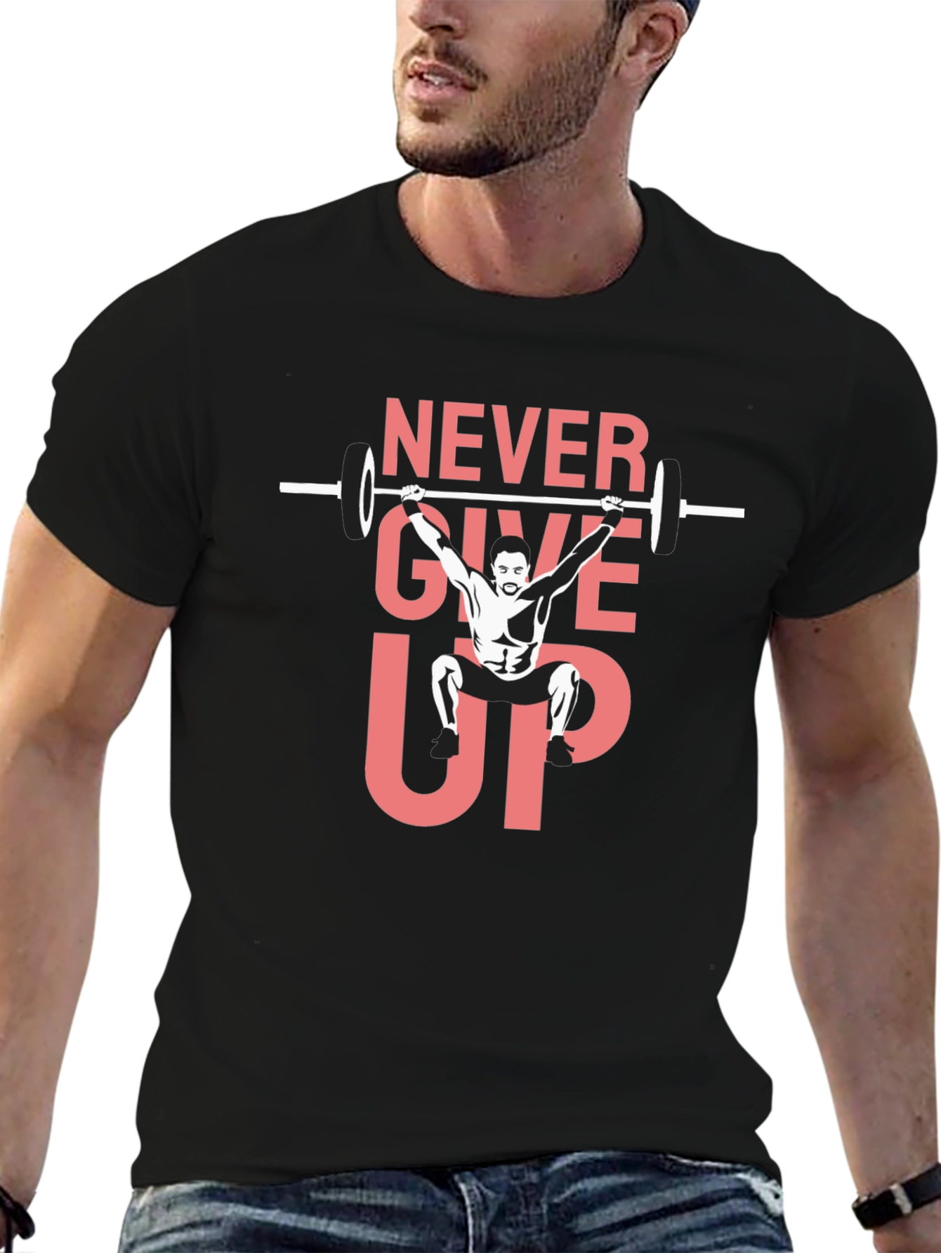 Never Give Up Weightlifting Graphic Tee - Black