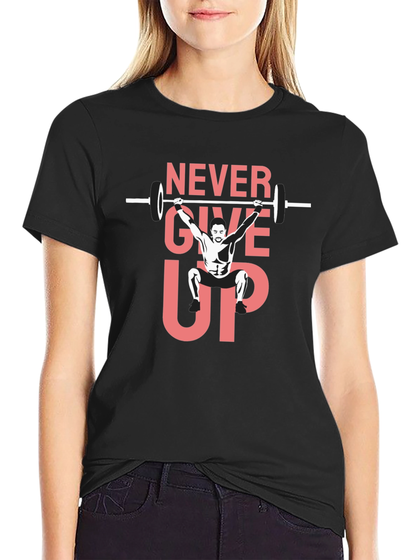 Never Give Up Weightlifting Graphic Tee - Black