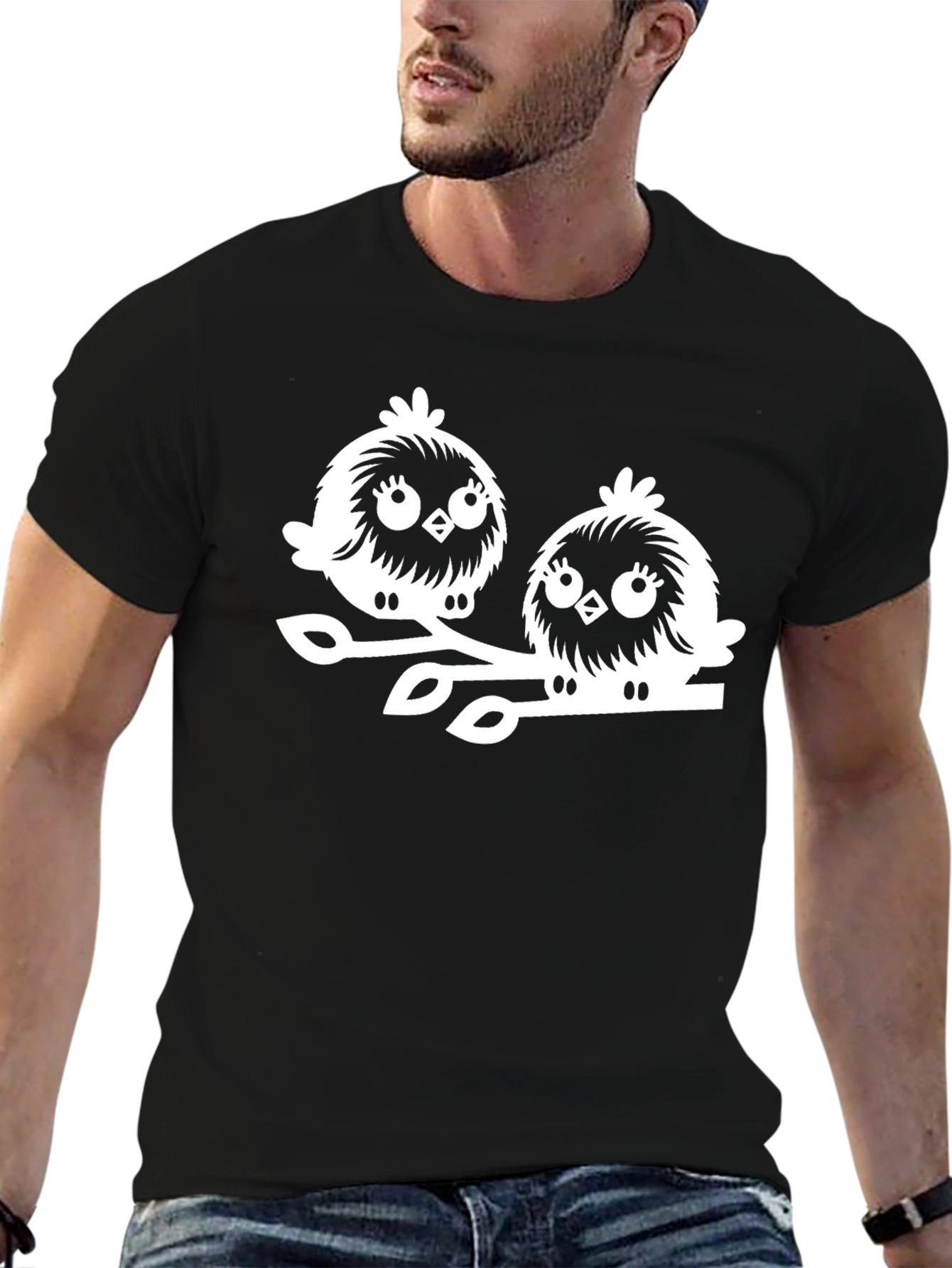 Cute Bird Graphic Tee - Black Cotton T-Shirt