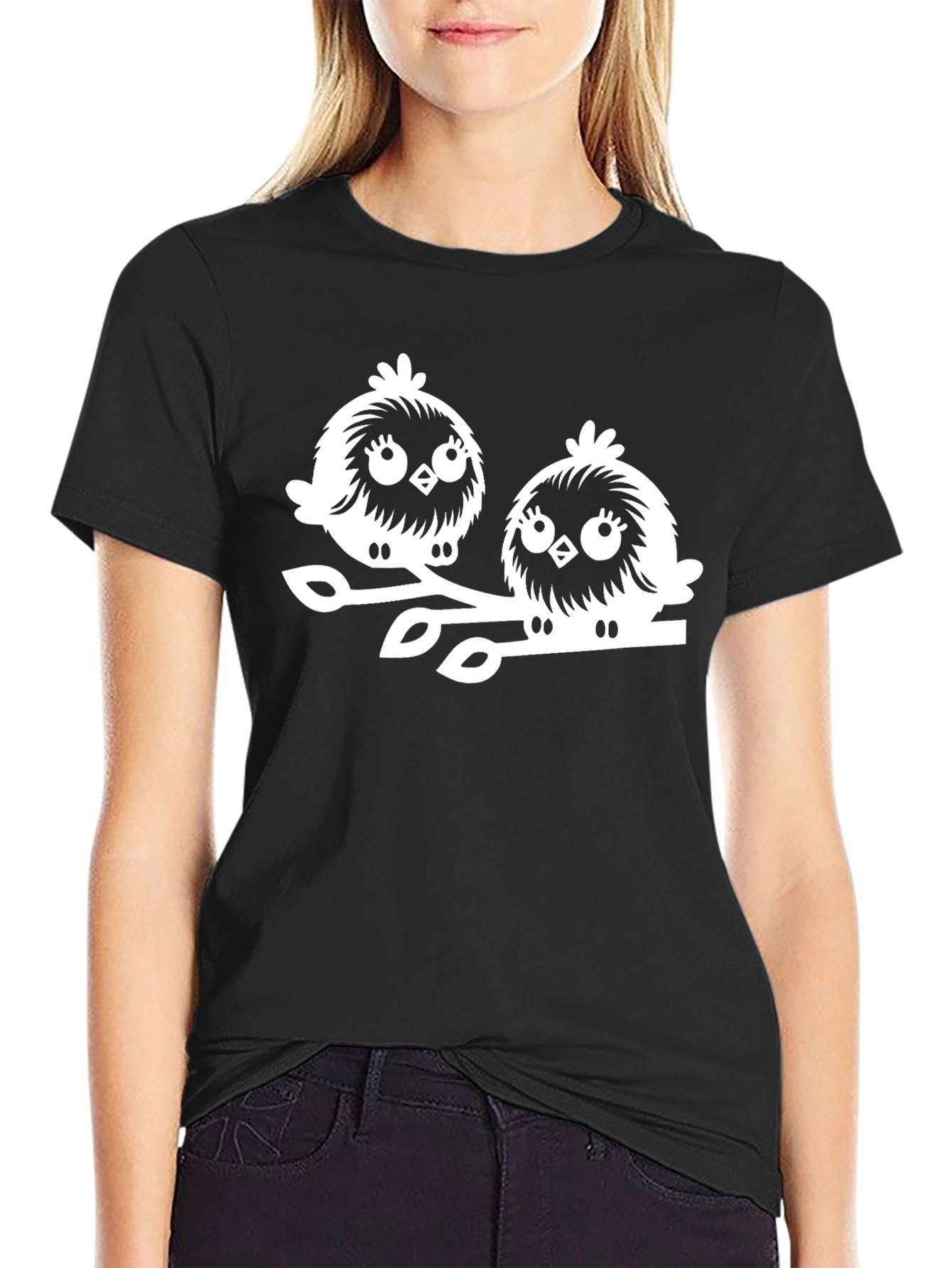 Cute Bird Graphic Tee - Black Cotton T-Shirt