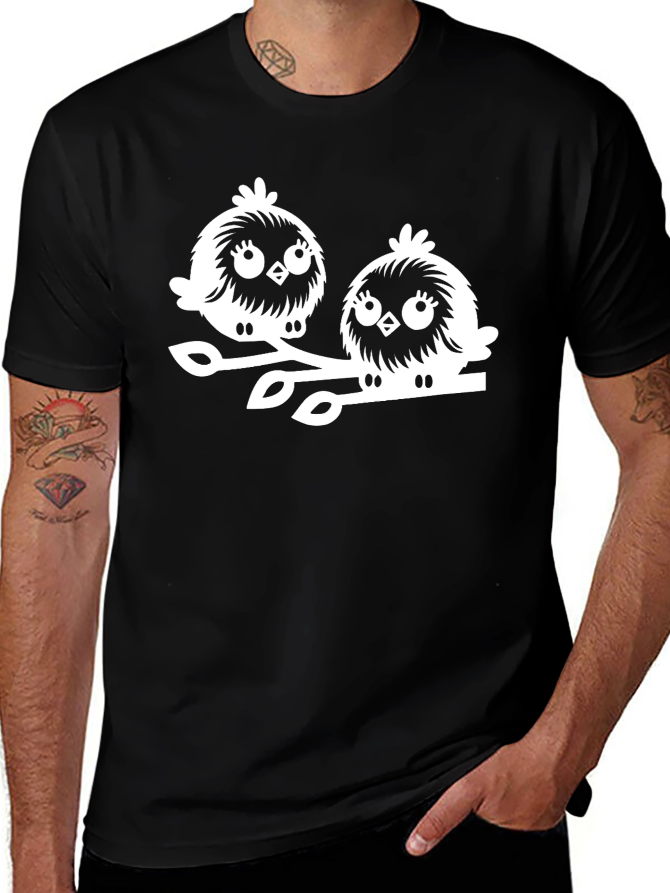 Cute Bird Graphic Tee - Black Cotton T-Shirt