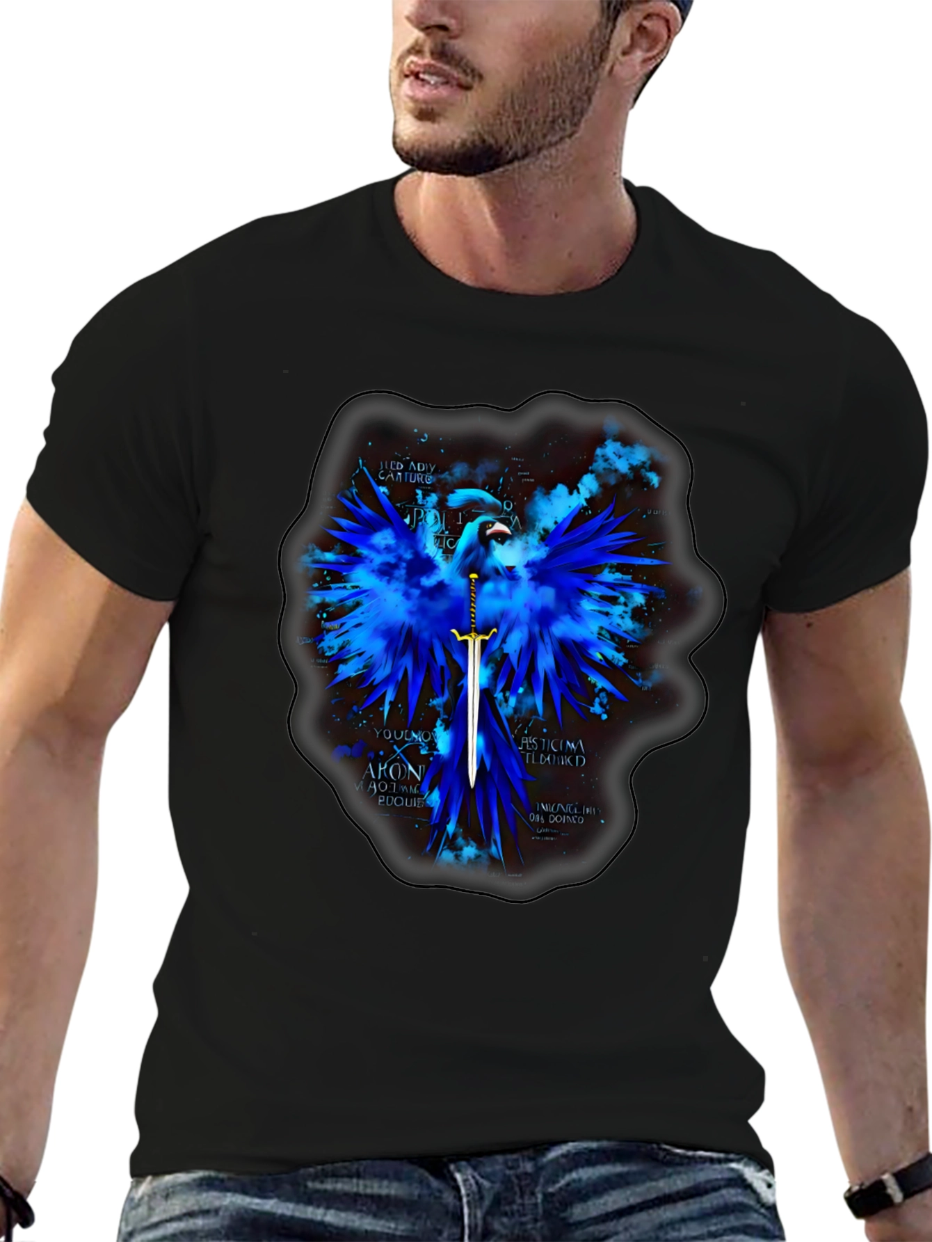 Blue Phoenix Sword Graphic T-Shirt