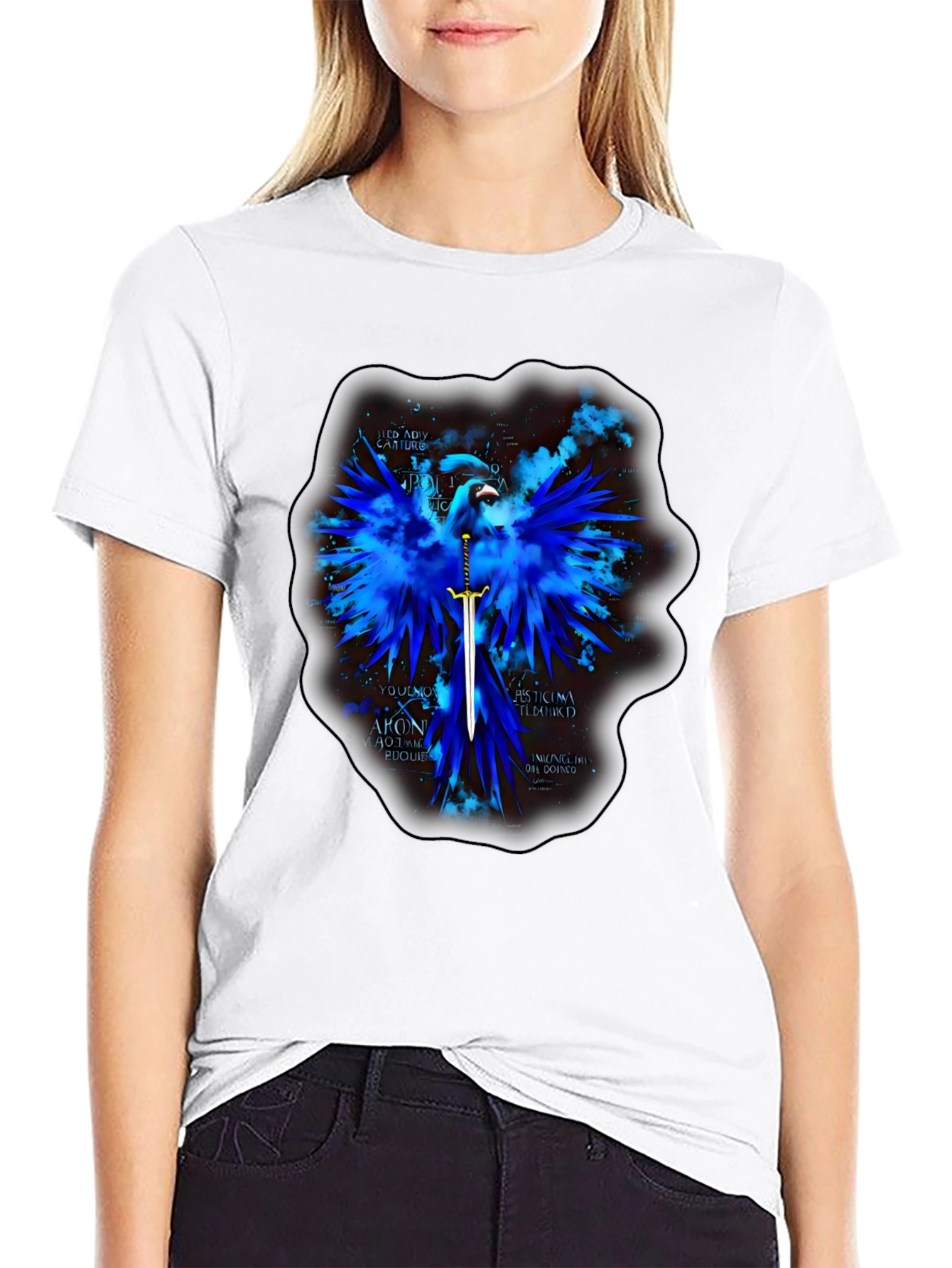 Blue Phoenix Sword Graphic T-Shirt