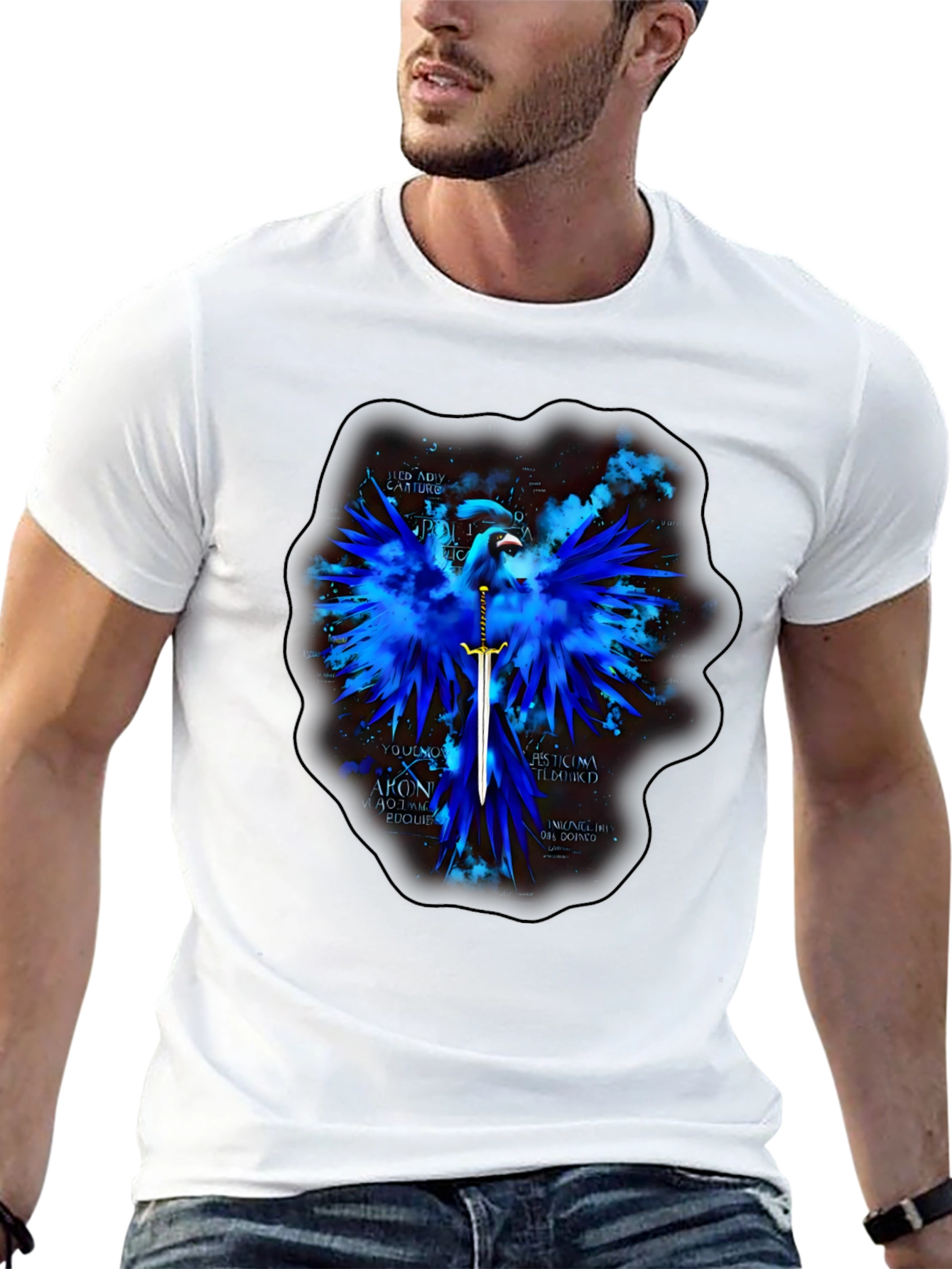 Blue Phoenix Sword Graphic T-Shirt