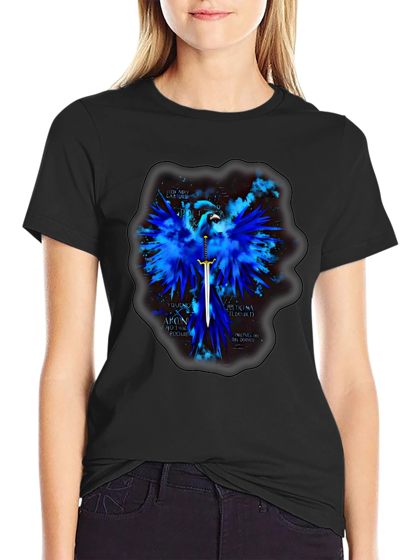 Blue Phoenix Sword Graphic T-Shirt