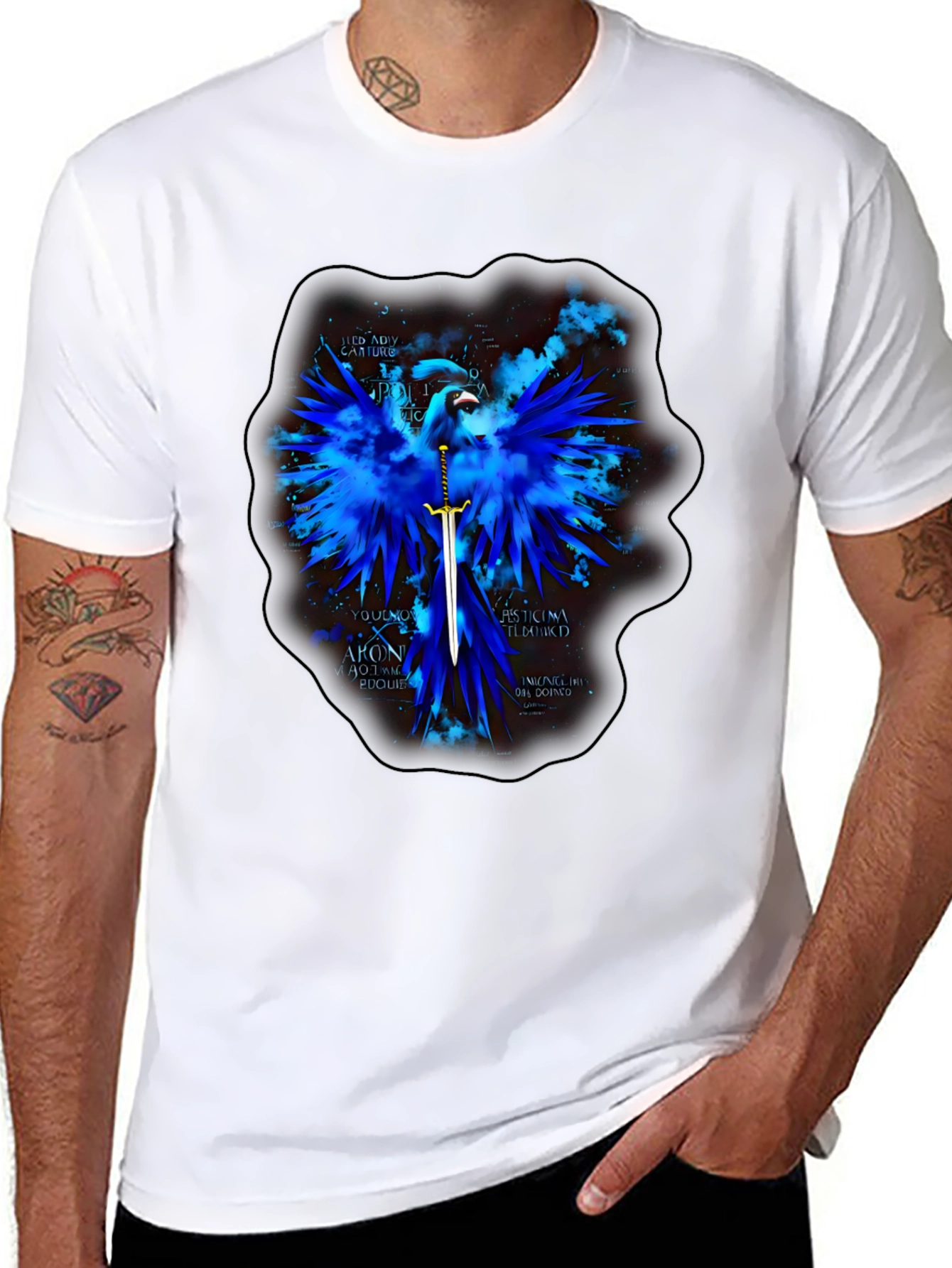 Blue Phoenix Sword Graphic T-Shirt