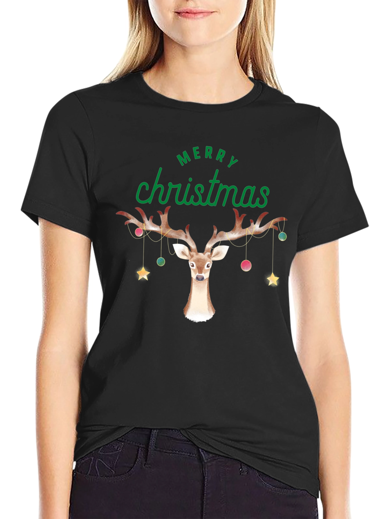 Merry Christmas Reindeer Graphic Tee - Holiday Cheer