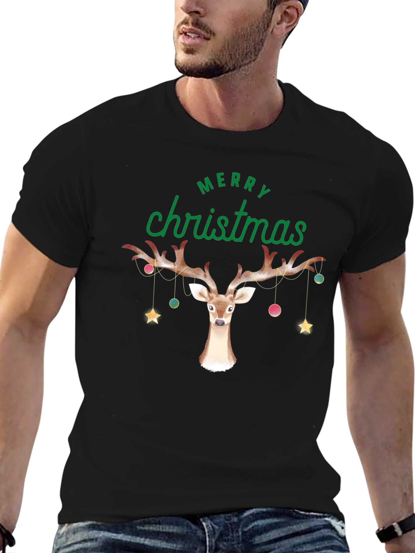 Merry Christmas Reindeer Graphic Tee - Holiday Cheer