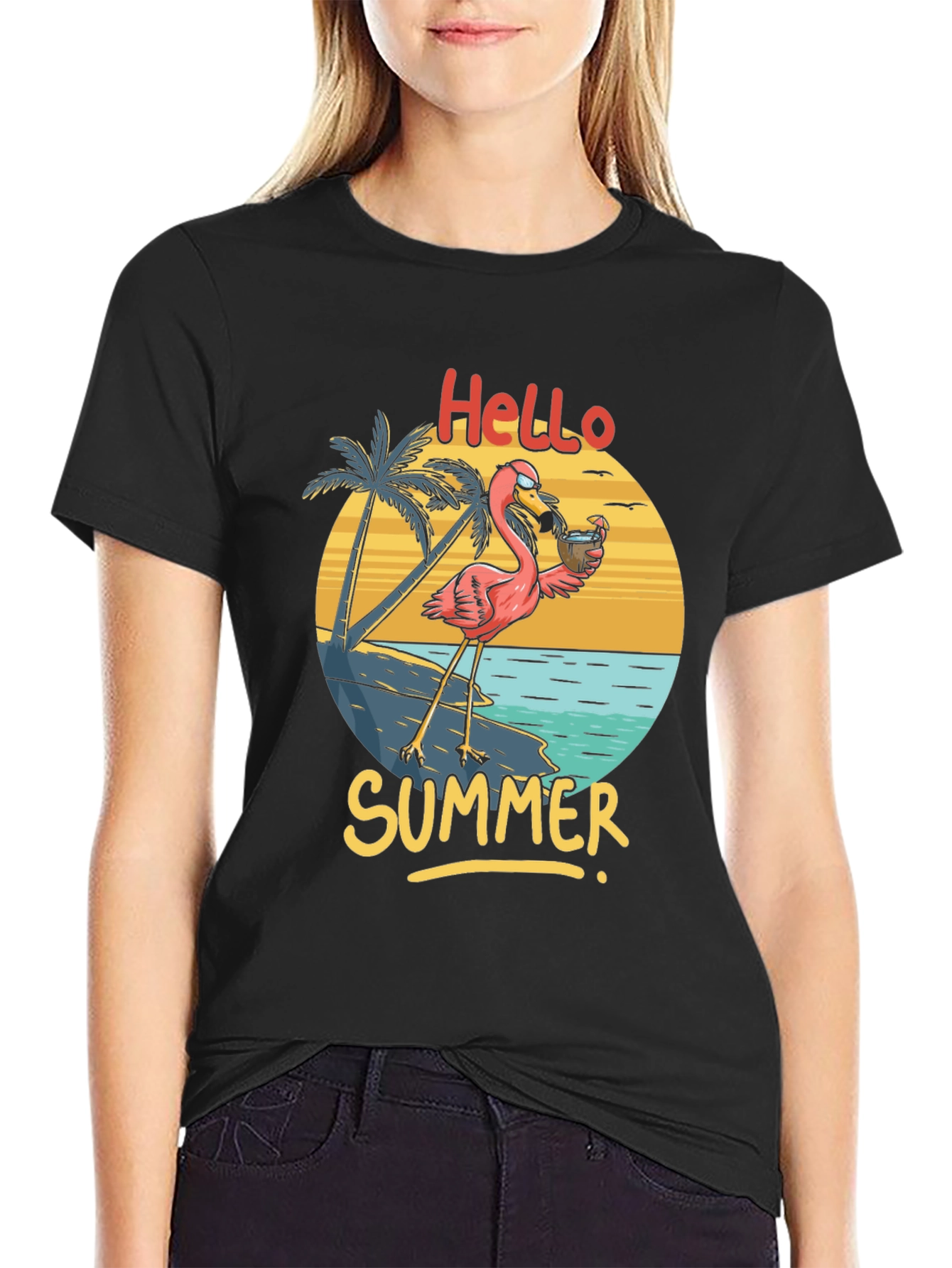 Hello Summer Flamingo Graphic T-Shirt