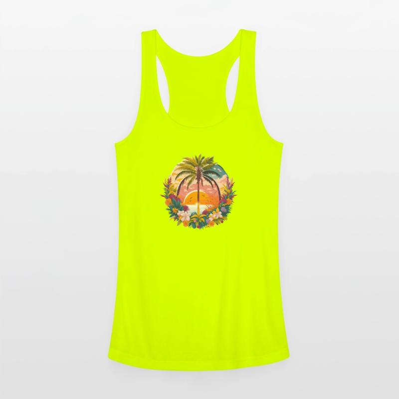 Idyllic sunset landscape with palm tree and flower