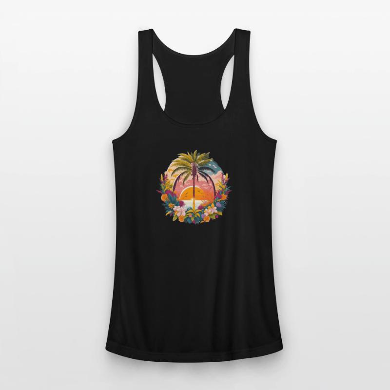 Idyllic sunset landscape with palm tree and flower