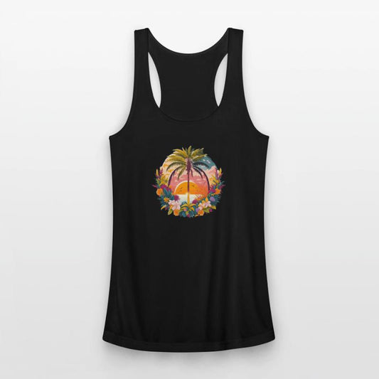 Idyllic sunset landscape with palm tree and flower