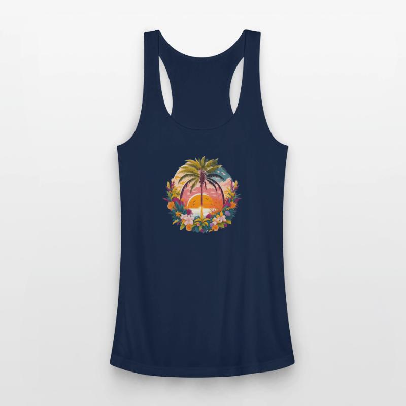 Idyllic sunset landscape with palm tree and flower