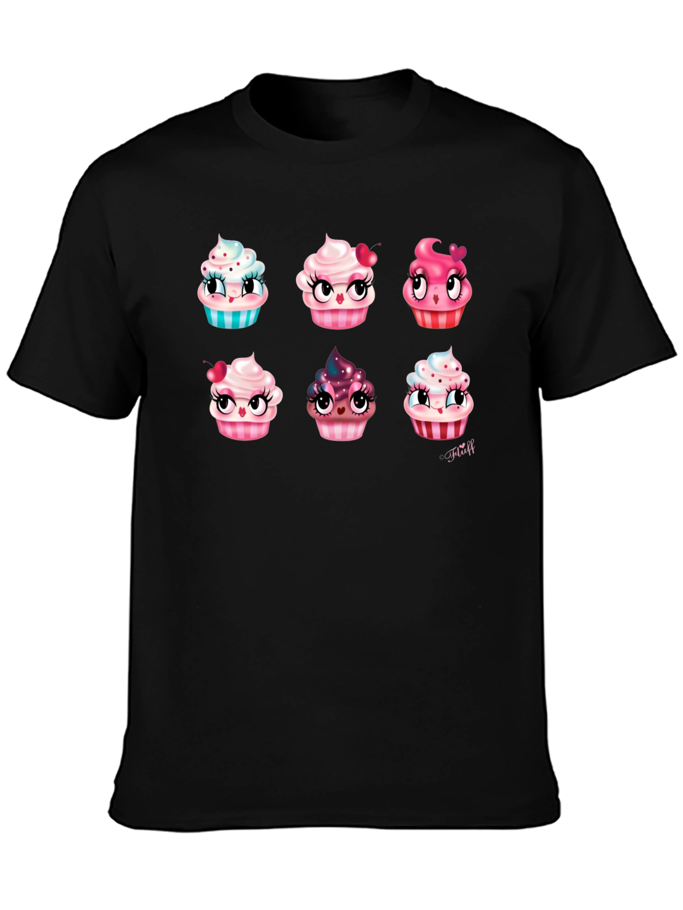 Cute Cartoon Cupcake Graphic Black T-Shirt