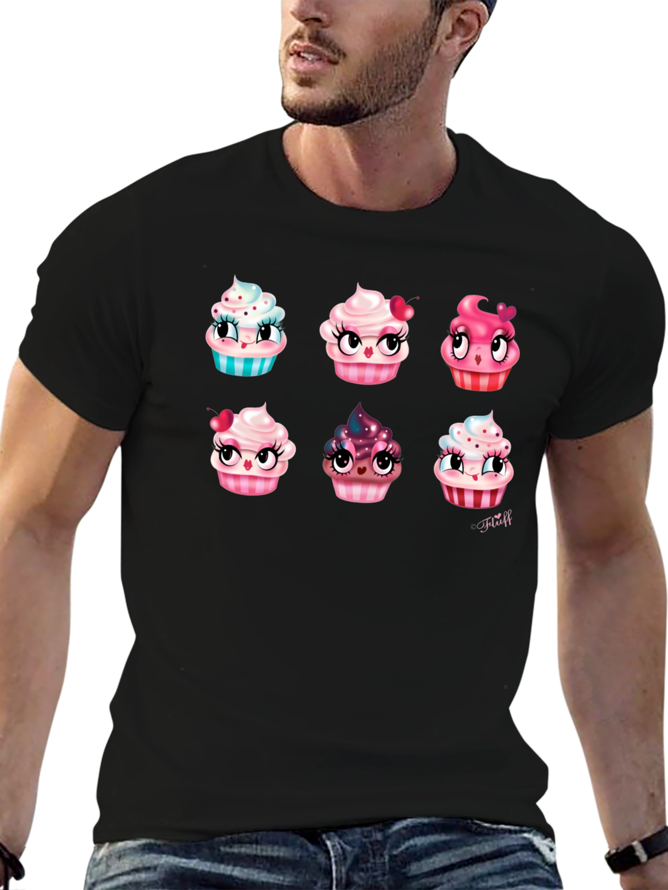 Cute Cartoon Cupcake Graphic Black T-Shirt