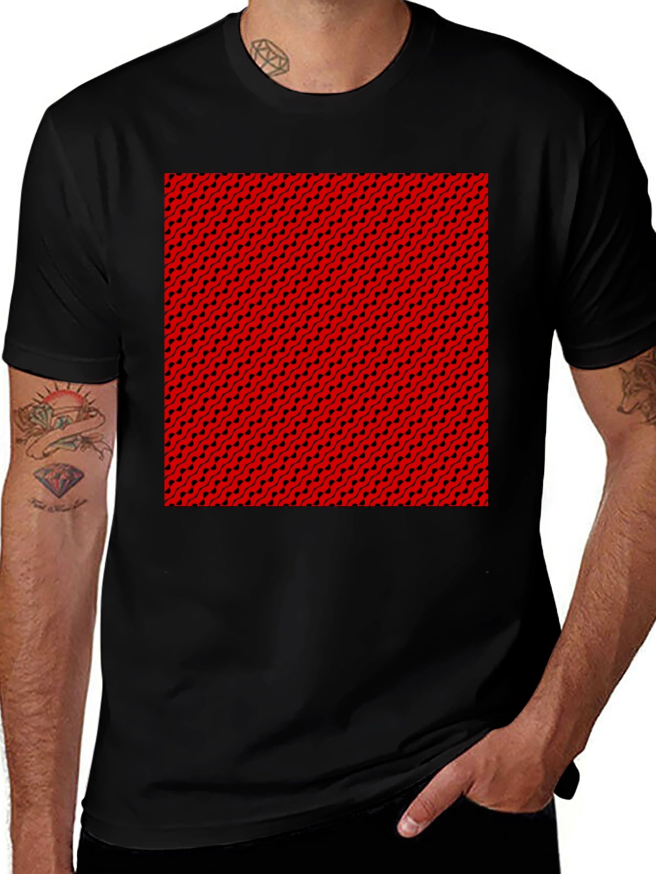 Stylish Black Tee with Red & Black Pattern