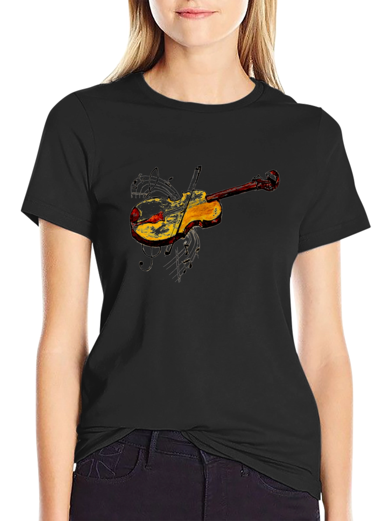 Violin Graphic Tee - Black Cotton Blend