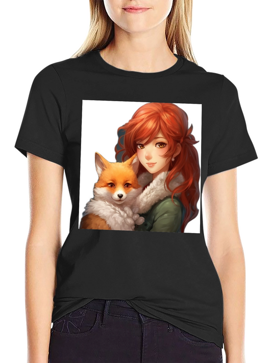Anime Girl & Fox Graphic Black T-Shirt