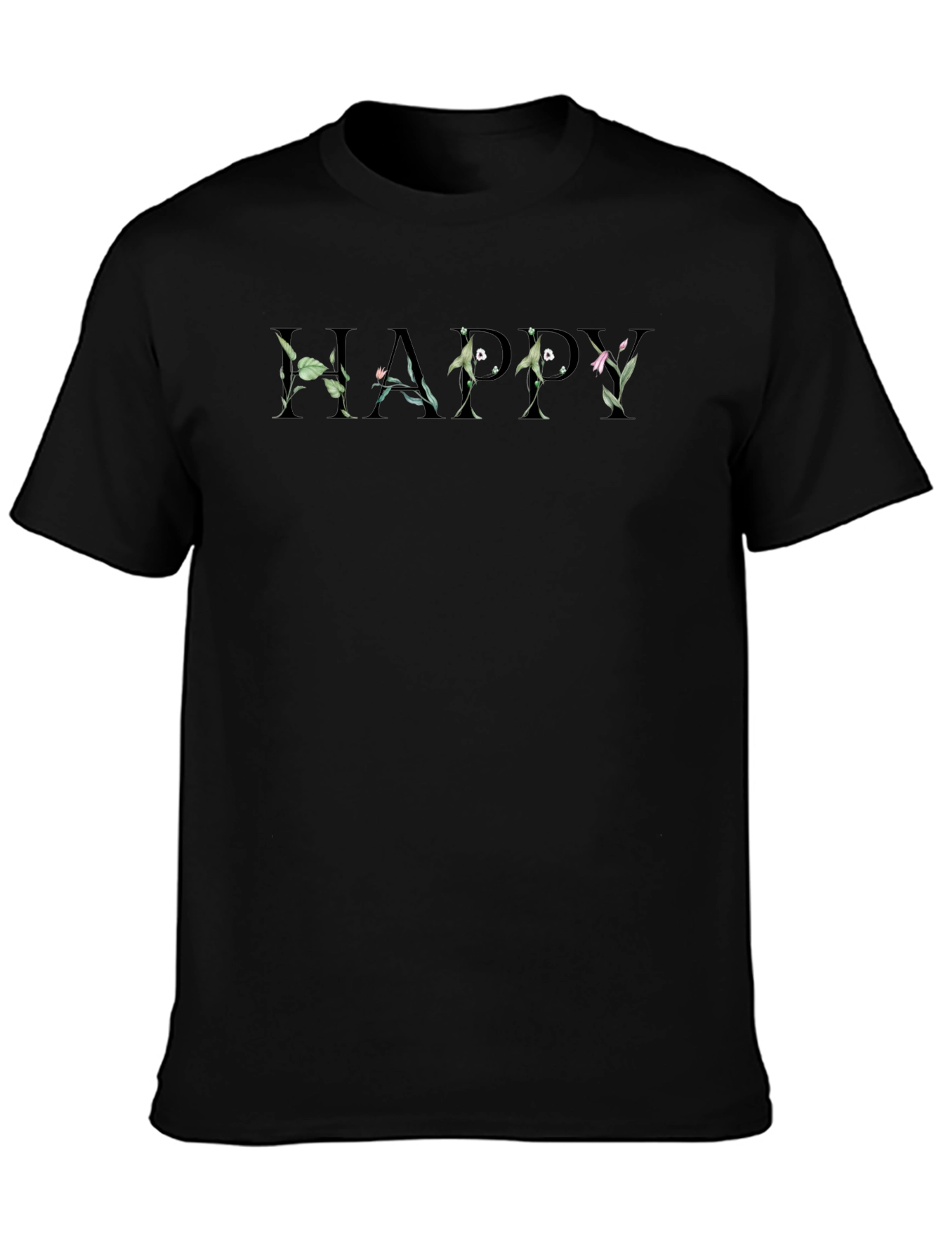 Floral Happy Black Crew Neck T-Shirt