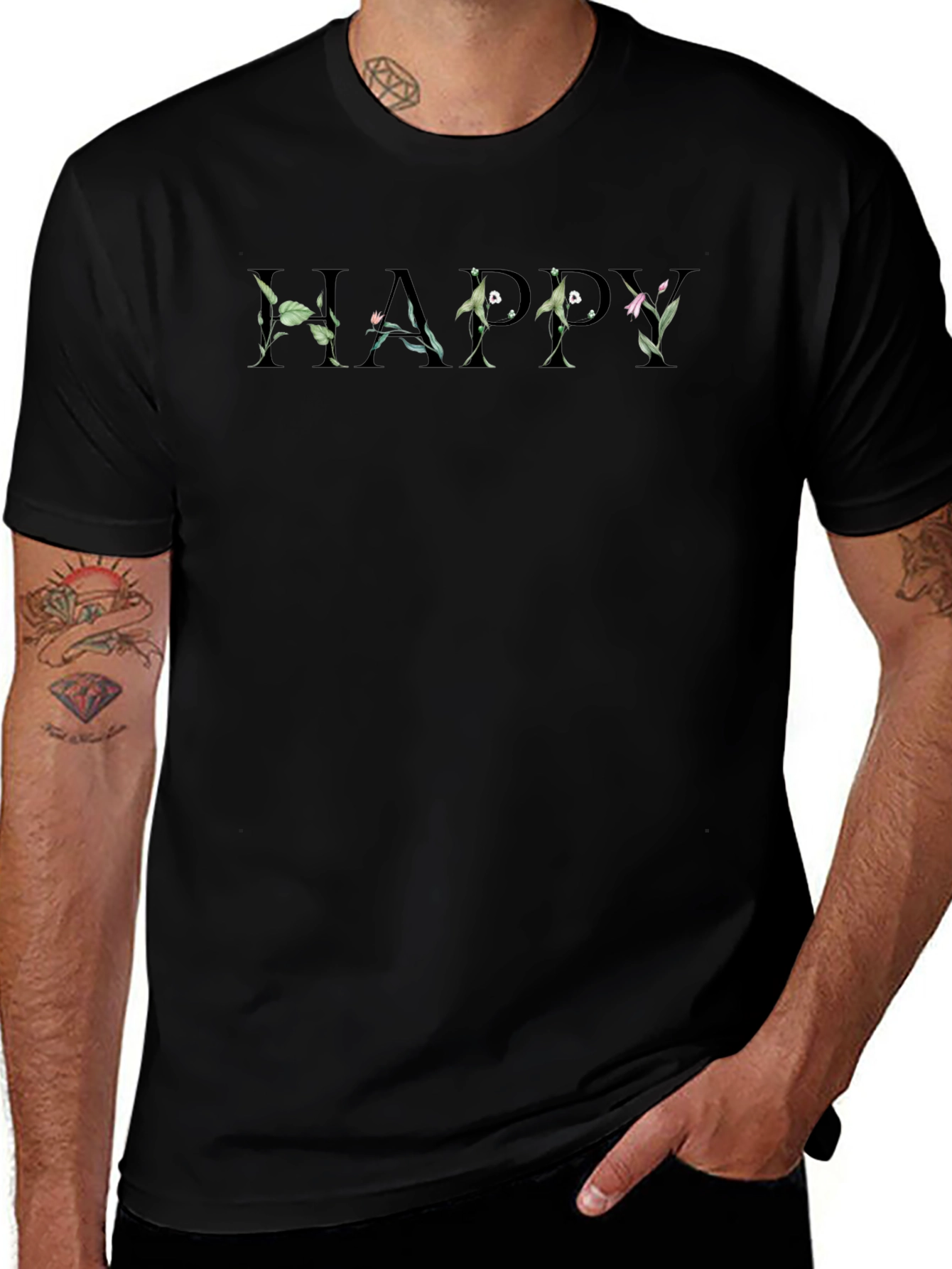 Floral Happy Black Crew Neck T-Shirt