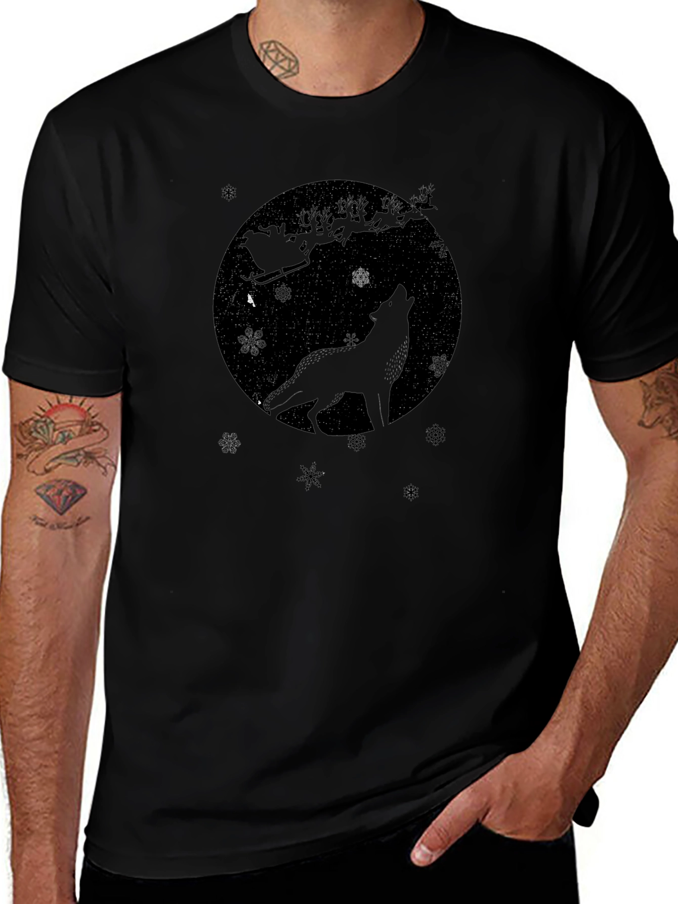 Wolf Howling Santas Sleigh Black T-Shirt