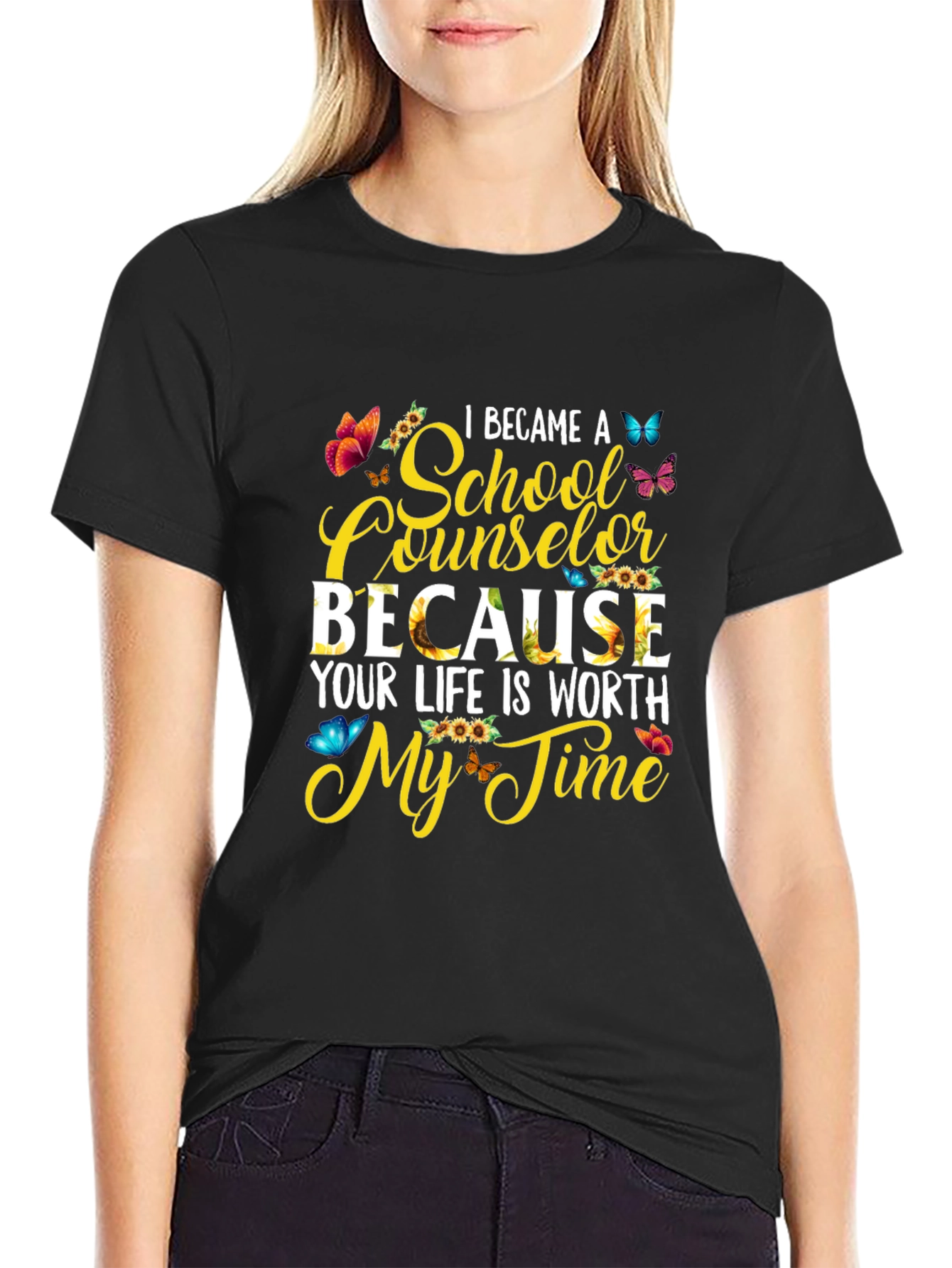 School Counselor Sunflower Butterfly Graphic Tee
