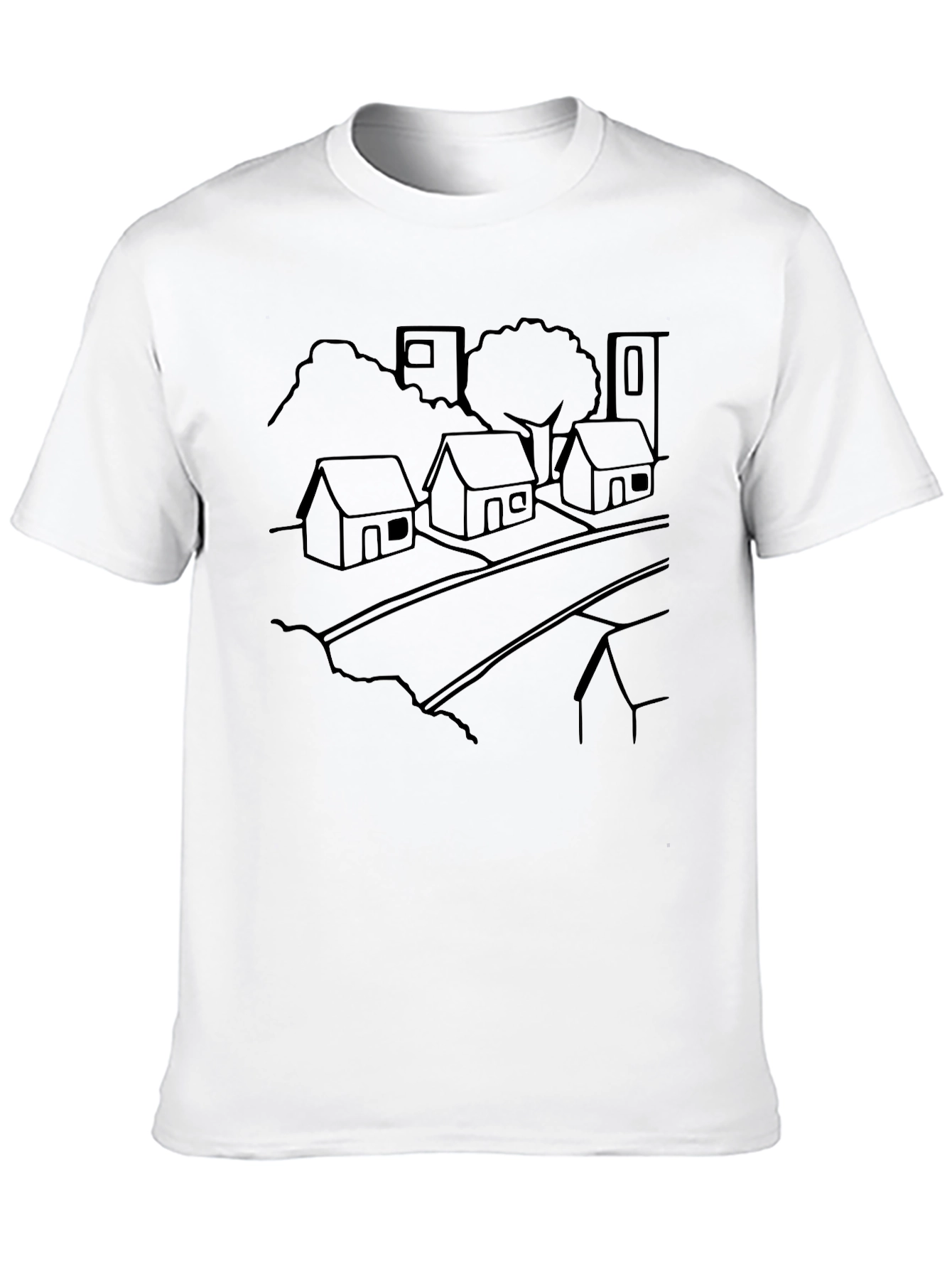 Black T-Shirt with Village Outline Design