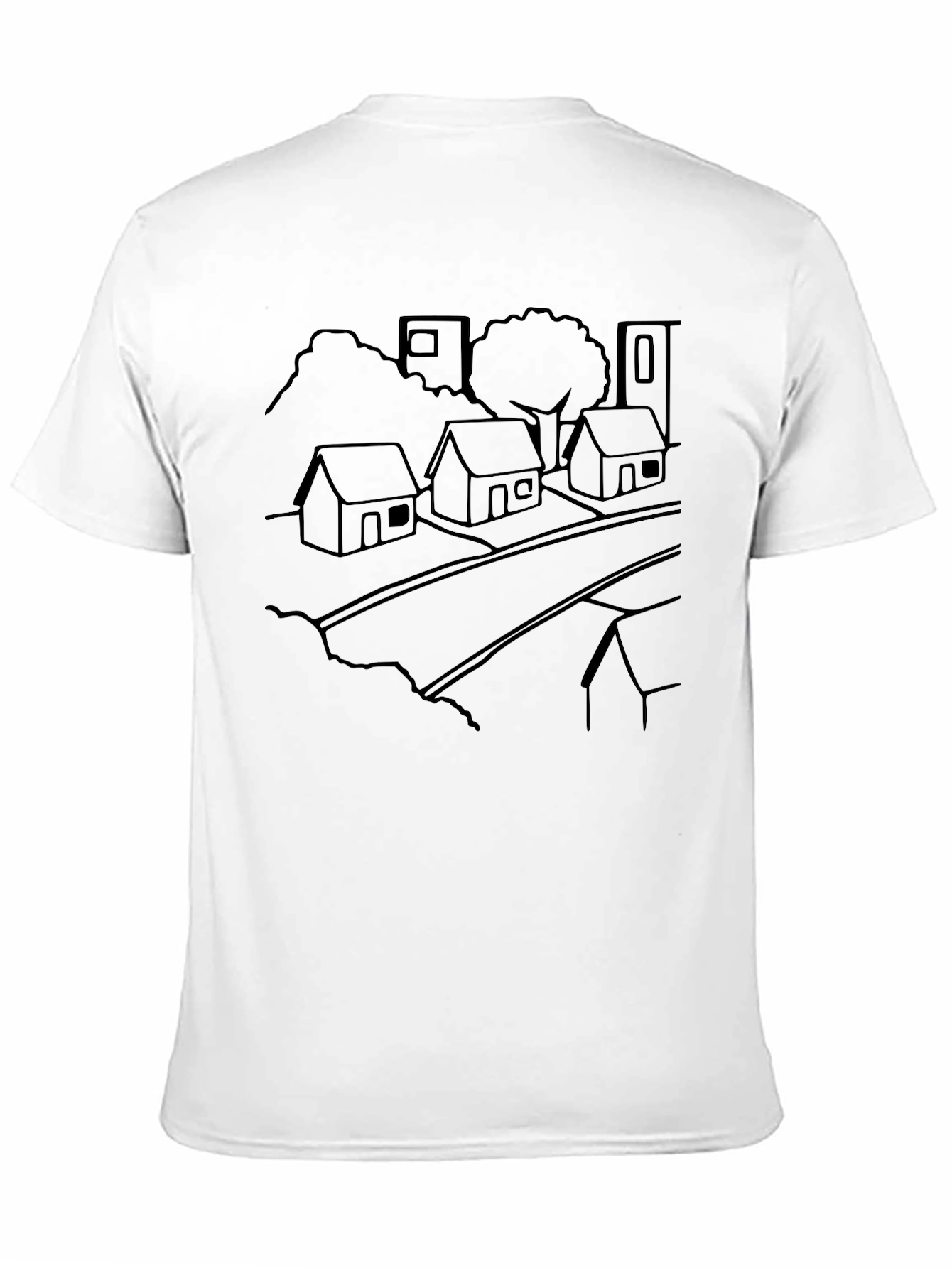Black T-Shirt with Village Outline Design