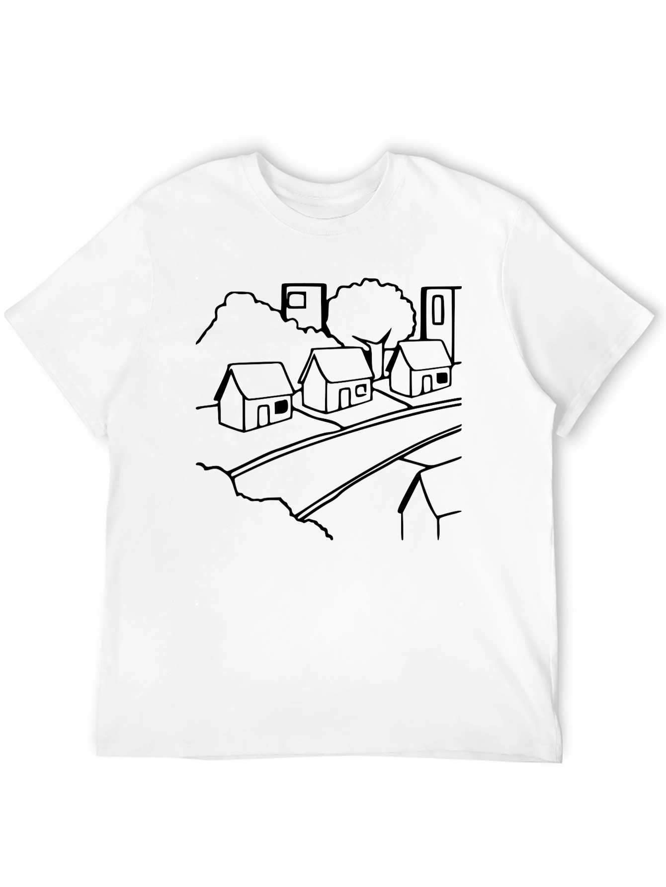 Black T-Shirt with Village Outline Design