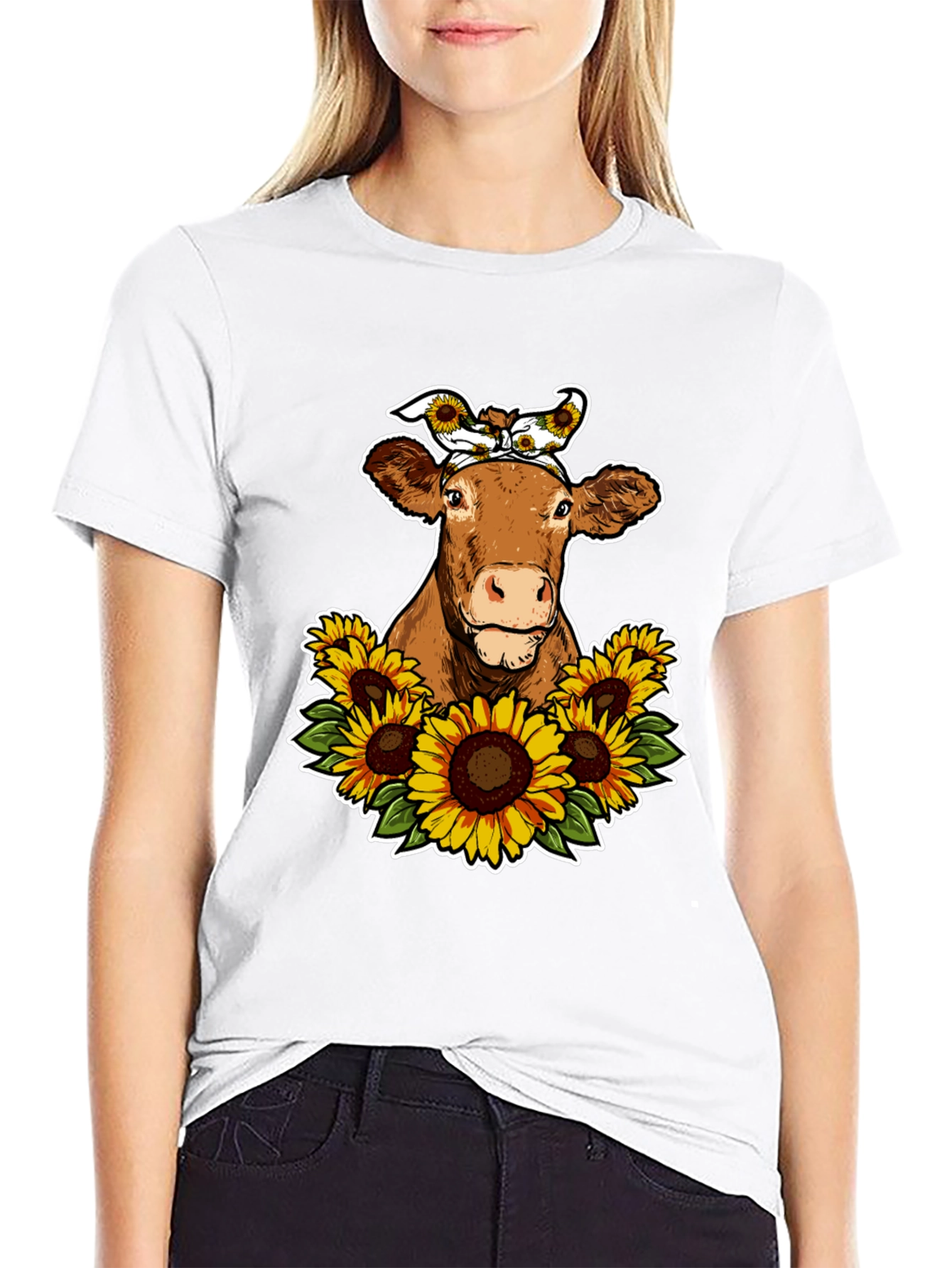 Cow Sunflower Graphic Tee - Cute Farm Animal Shirt