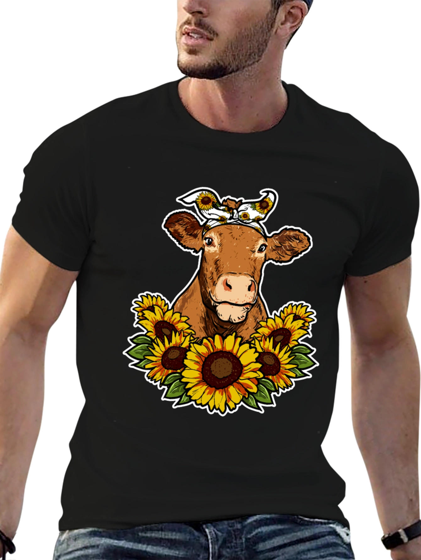 Cow Sunflower Graphic Tee - Cute Farm Animal Shirt