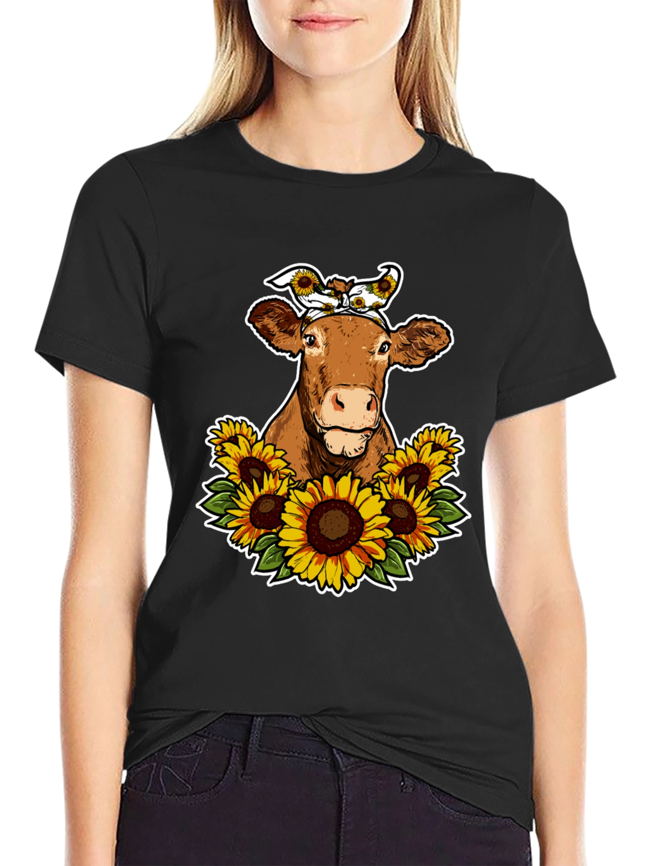 Cow Sunflower Graphic Tee - Cute Farm Animal Shirt