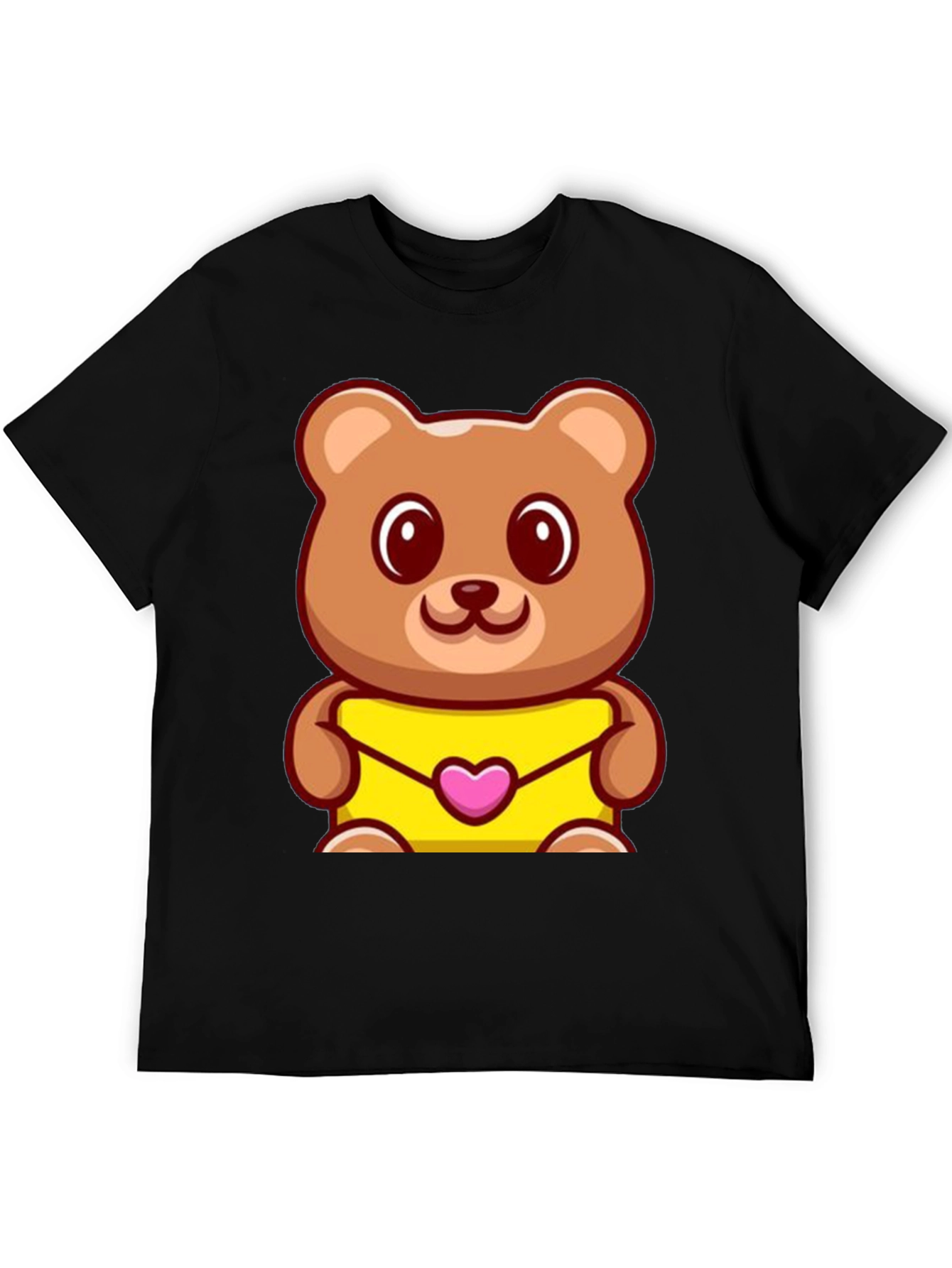 Cute Teddy Bear Holding Heart Envelope Black T-Shirt