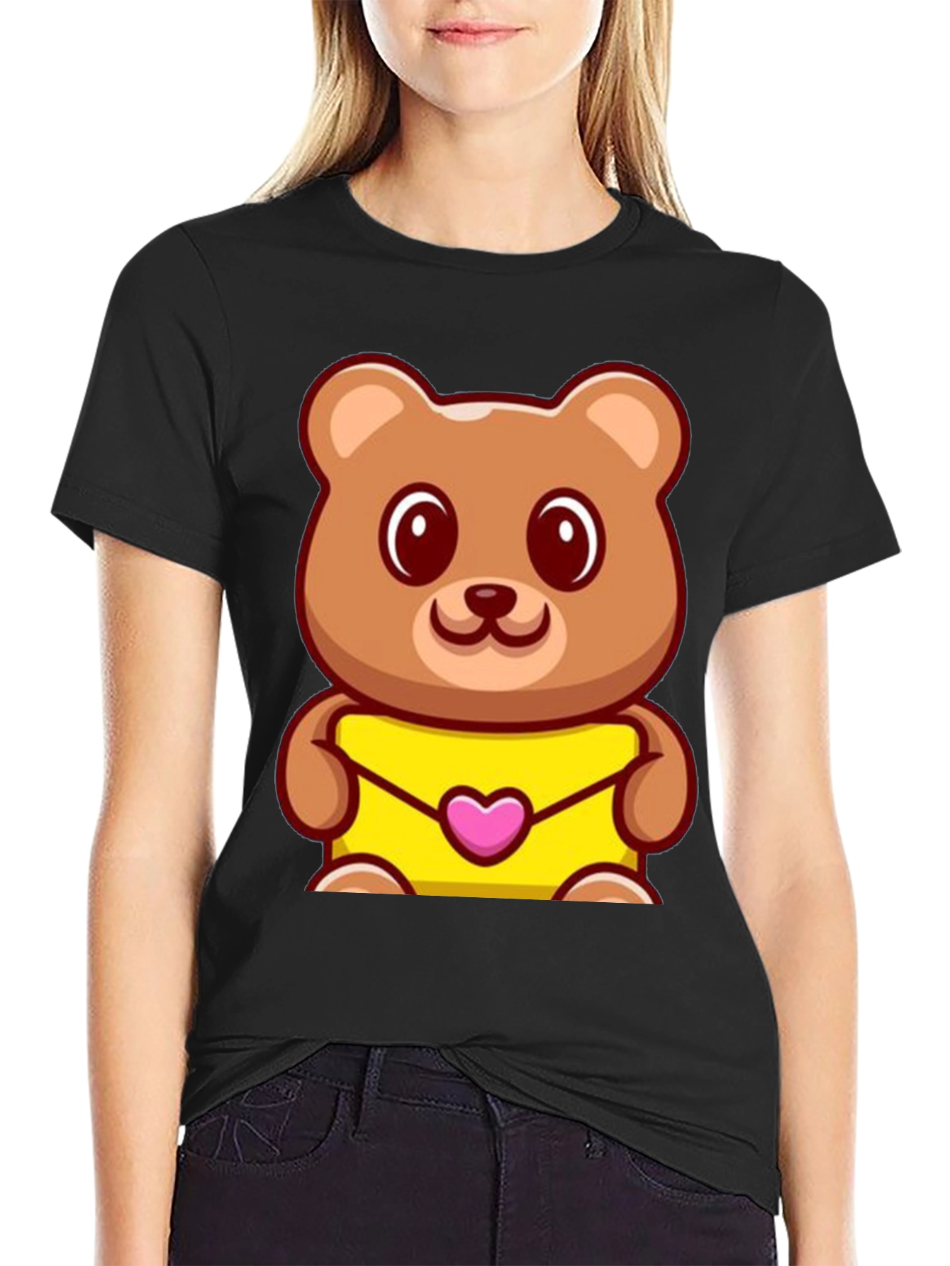 Cute Teddy Bear Holding Heart Envelope Black T-Shirt